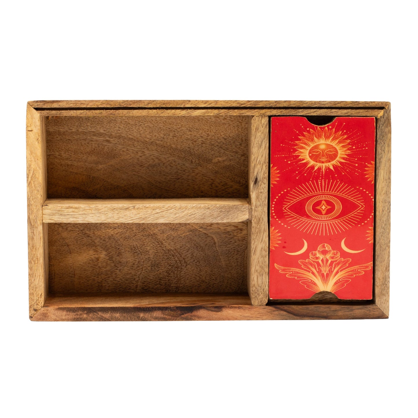 Eco-Friendly Mango Wooden Tarot Box with Card Holder - Three Section product packaging on clean background from Quintessential Holistic Health Ltd