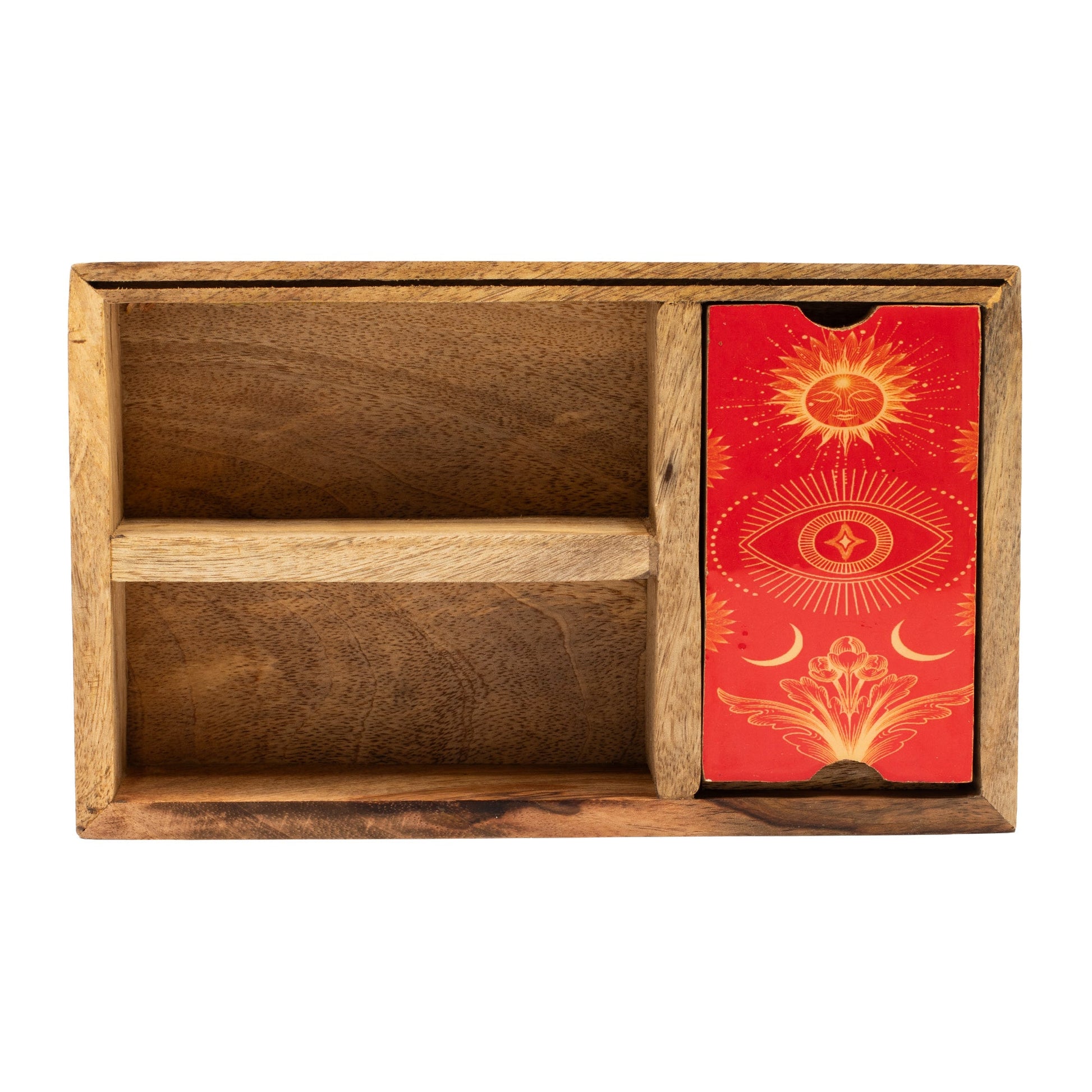 Eco-Friendly Mango Wooden Tarot Box with Card Holder - Three Section product packaging on clean background from Quintessential Holistic Health Ltd