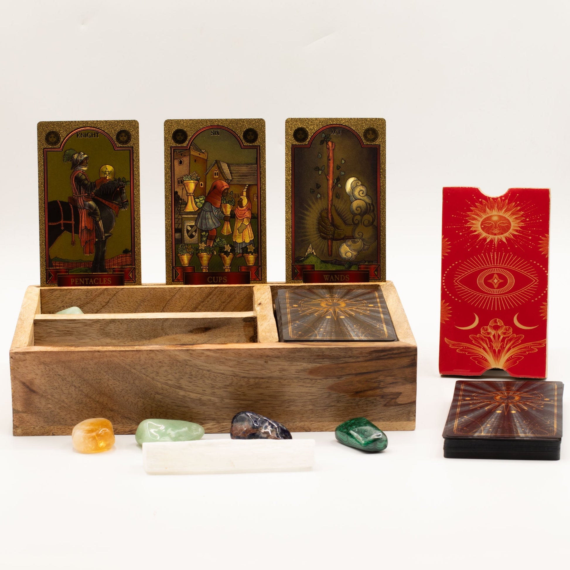 Eco-Friendly Mango Wooden Tarot Box with Card Holder - Three Section product packaging on clean background from Quintessential Holistic Health Ltd