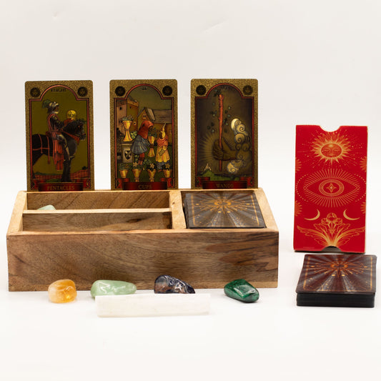 Eco-Friendly Mango Wooden Tarot Box with Card Holder - Three Section product packaging on clean background from Quintessential Holistic Health Ltd