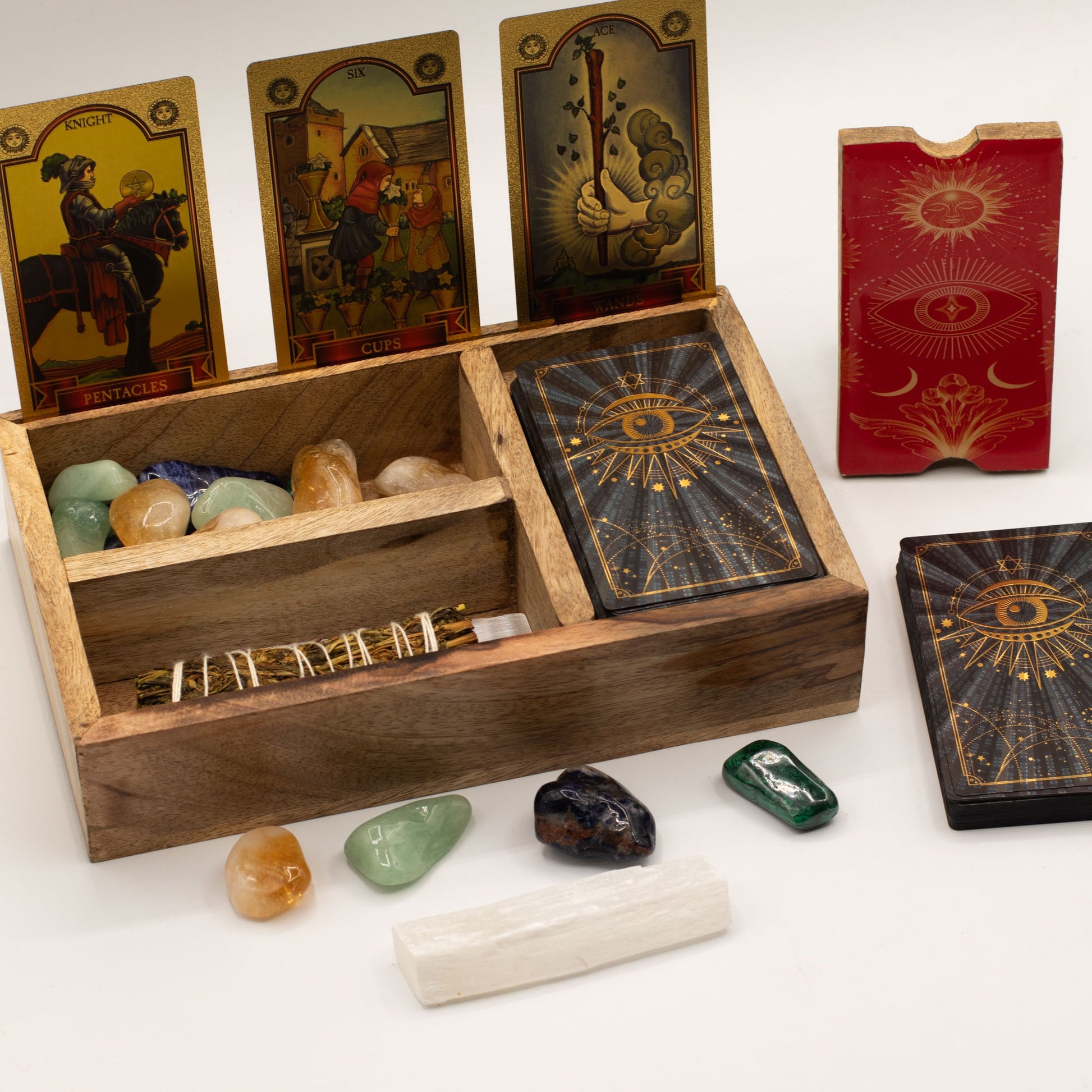 Eco-Friendly Mango Wooden Tarot Box with Card Holder - Three Section product packaging on clean background from Quintessential Holistic Health Ltd