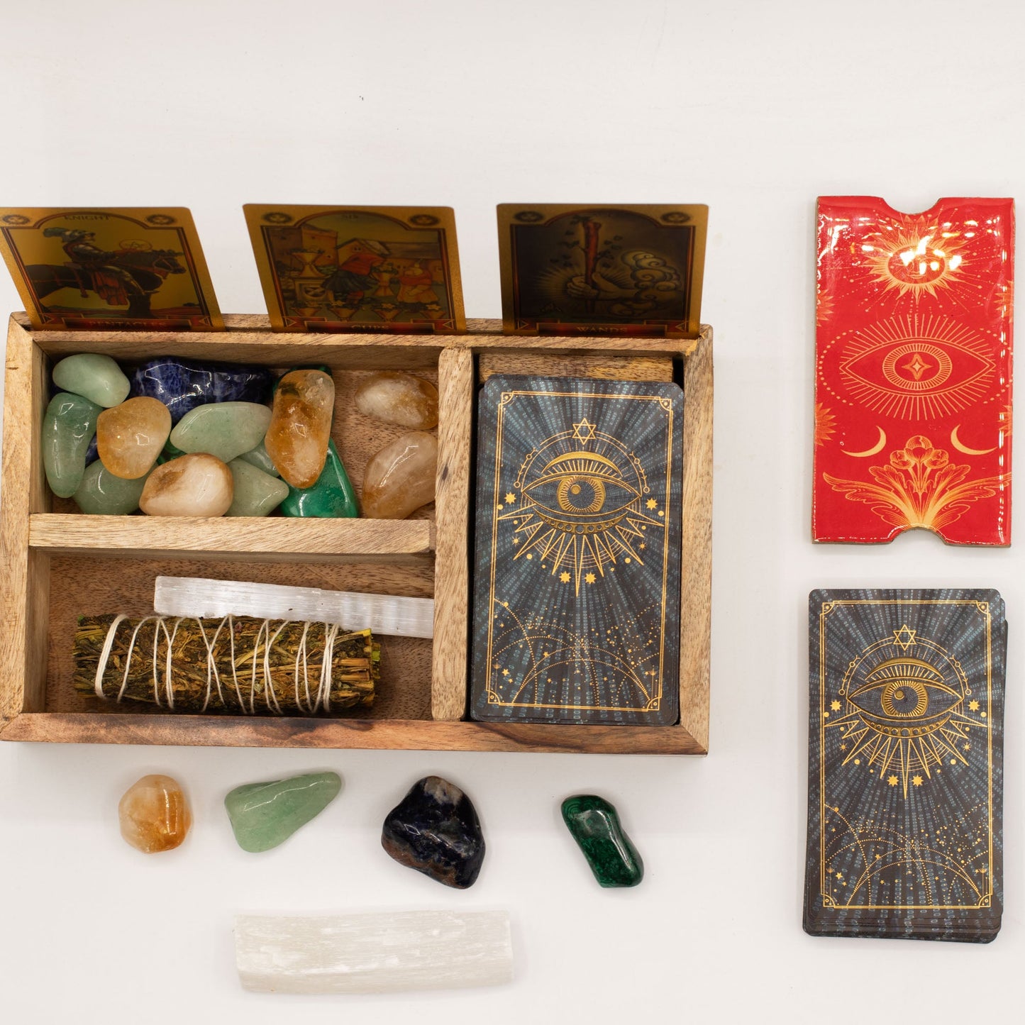 Eco-Friendly Mango Wooden Tarot Box with Card Holder - Three Section product packaging on clean background from Quintessential Holistic Health Ltd