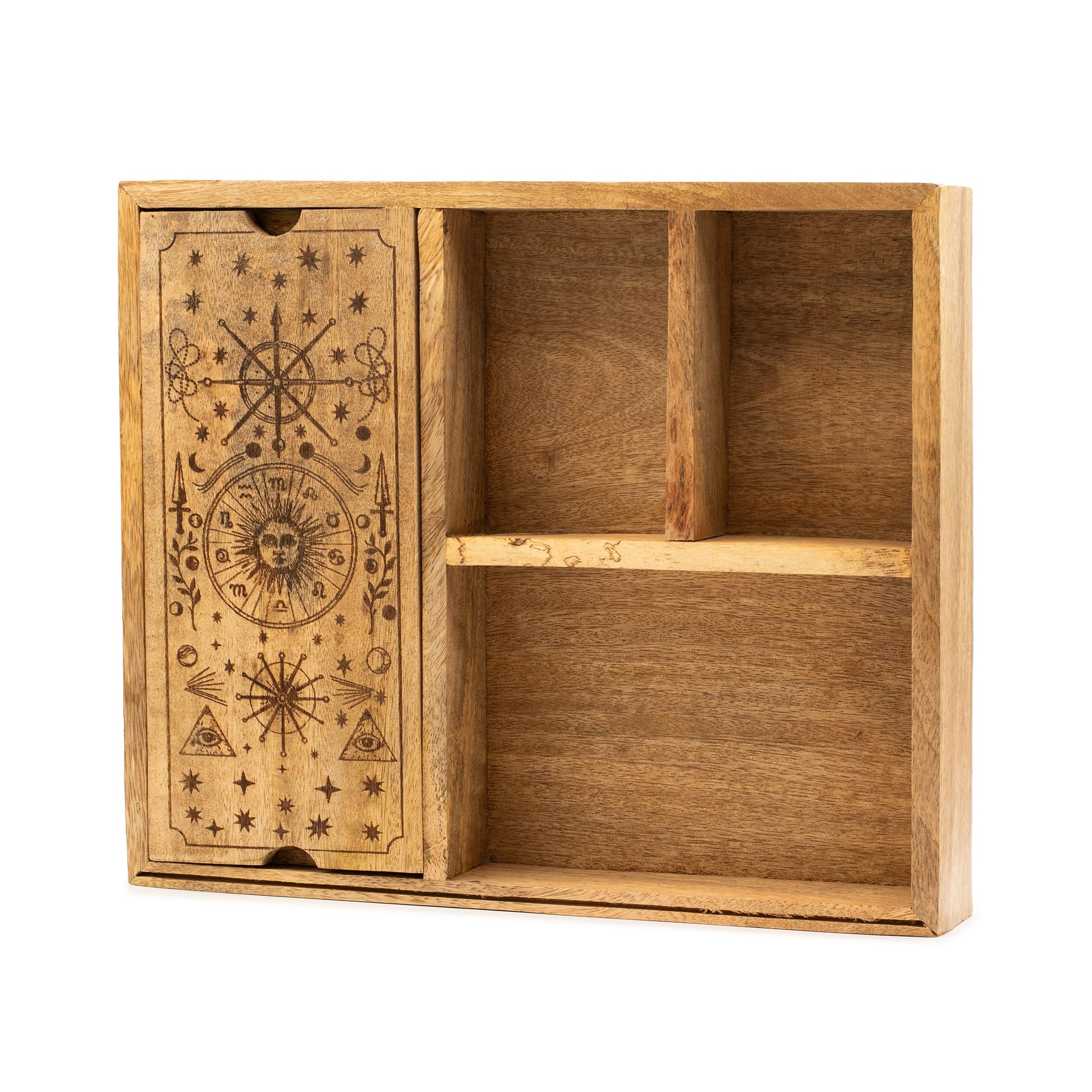 Eco-Friendly Mango Wooden Tarot Box with Card Holder - Four Section product packaging on clean background from Quintessential Holistic Health Ltd
