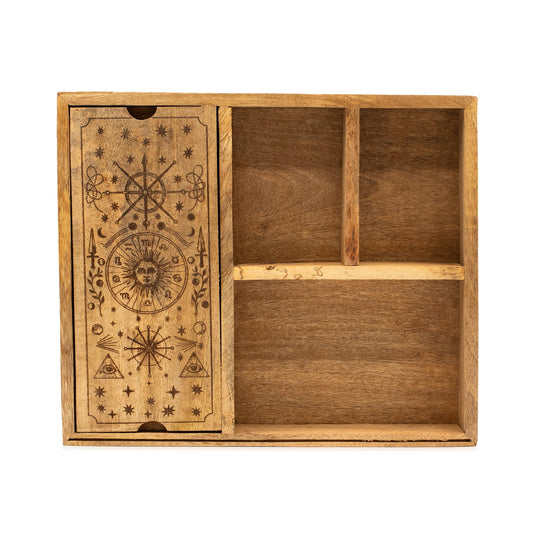Eco-Friendly Mango Wooden Tarot Box with Card Holder - Four Section product packaging on clean background from Quintessential Holistic Health Ltd
