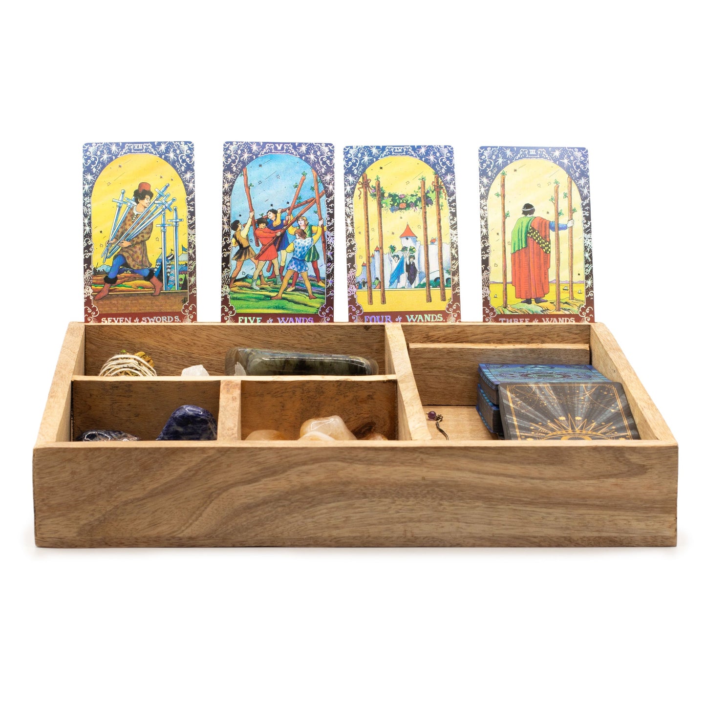 Eco-Friendly Mango Wooden Tarot Box with Card Holder - Four Section product packaging on clean background from Quintessential Holistic Health Ltd