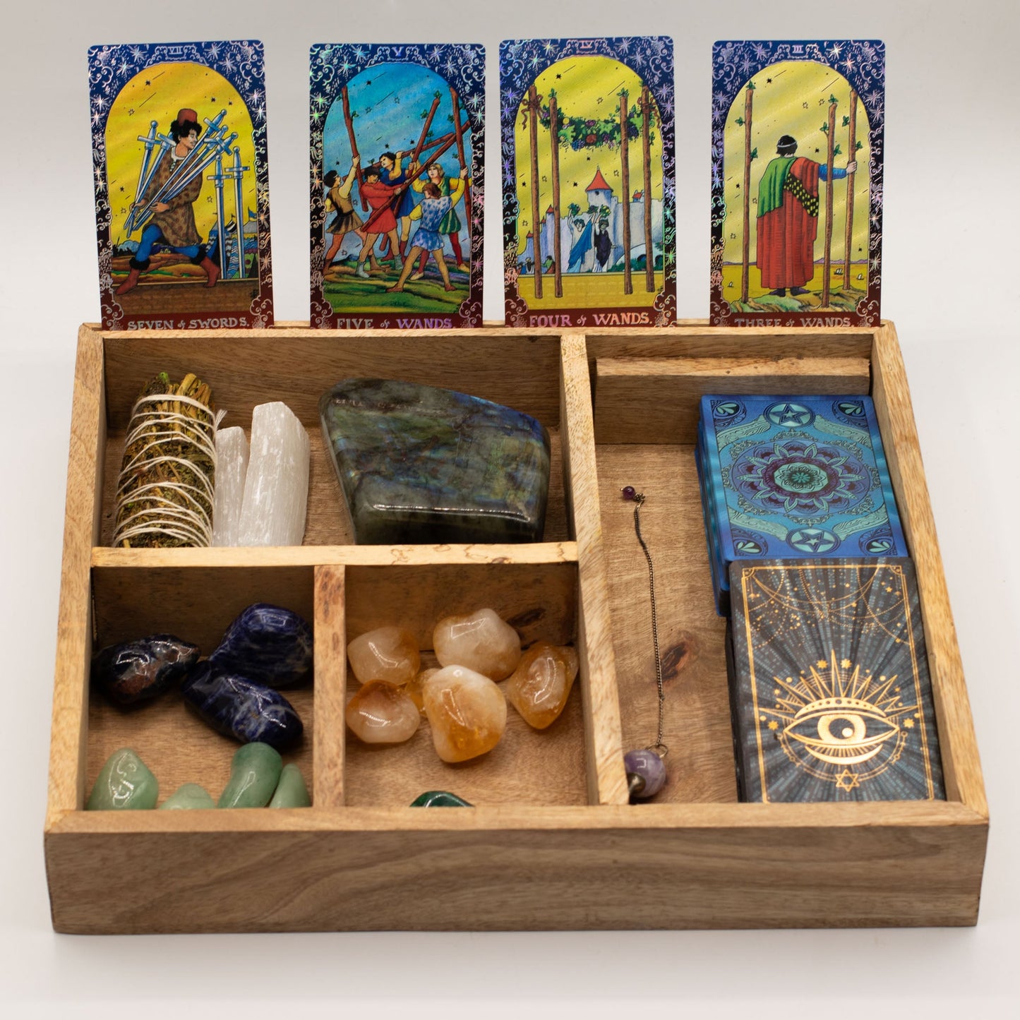 Eco-Friendly Mango Wooden Tarot Box with Card Holder - Four Section product packaging on clean background from Quintessential Holistic Health Ltd