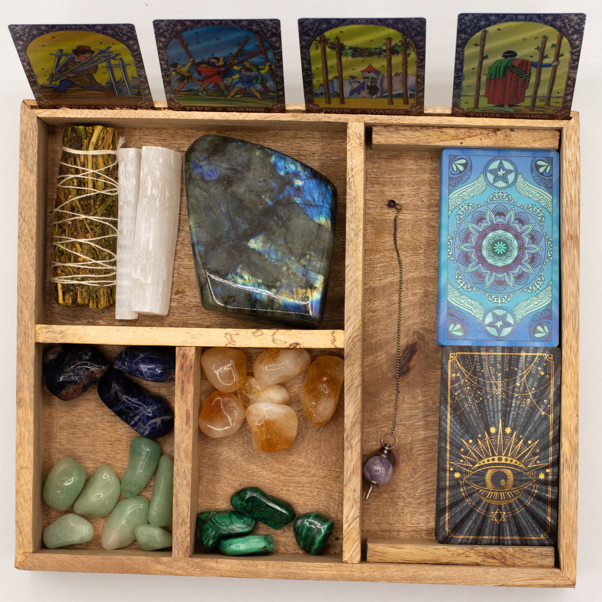 Eco-Friendly Mango Wooden Tarot Box with Card Holder - Four Section product packaging on clean background from Quintessential Holistic Health Ltd