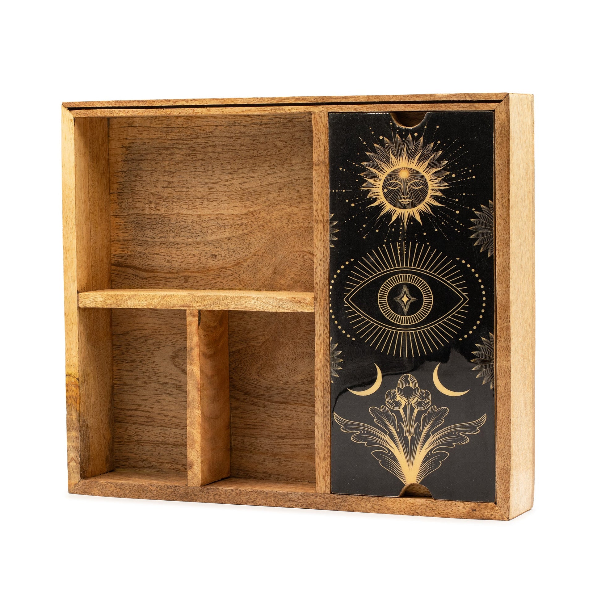 Eco-Friendly Mango Wooden Tarot Box with Card Holder - Four Section product packaging on clean background from Quintessential Holistic Health Ltd
