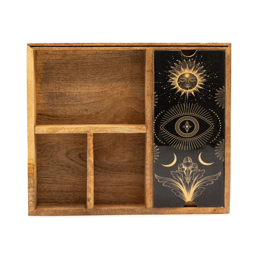Eco-Friendly Mango Wooden Tarot Box with Card Holder - Four Section product packaging on clean background from Quintessential Holistic Health Ltd
