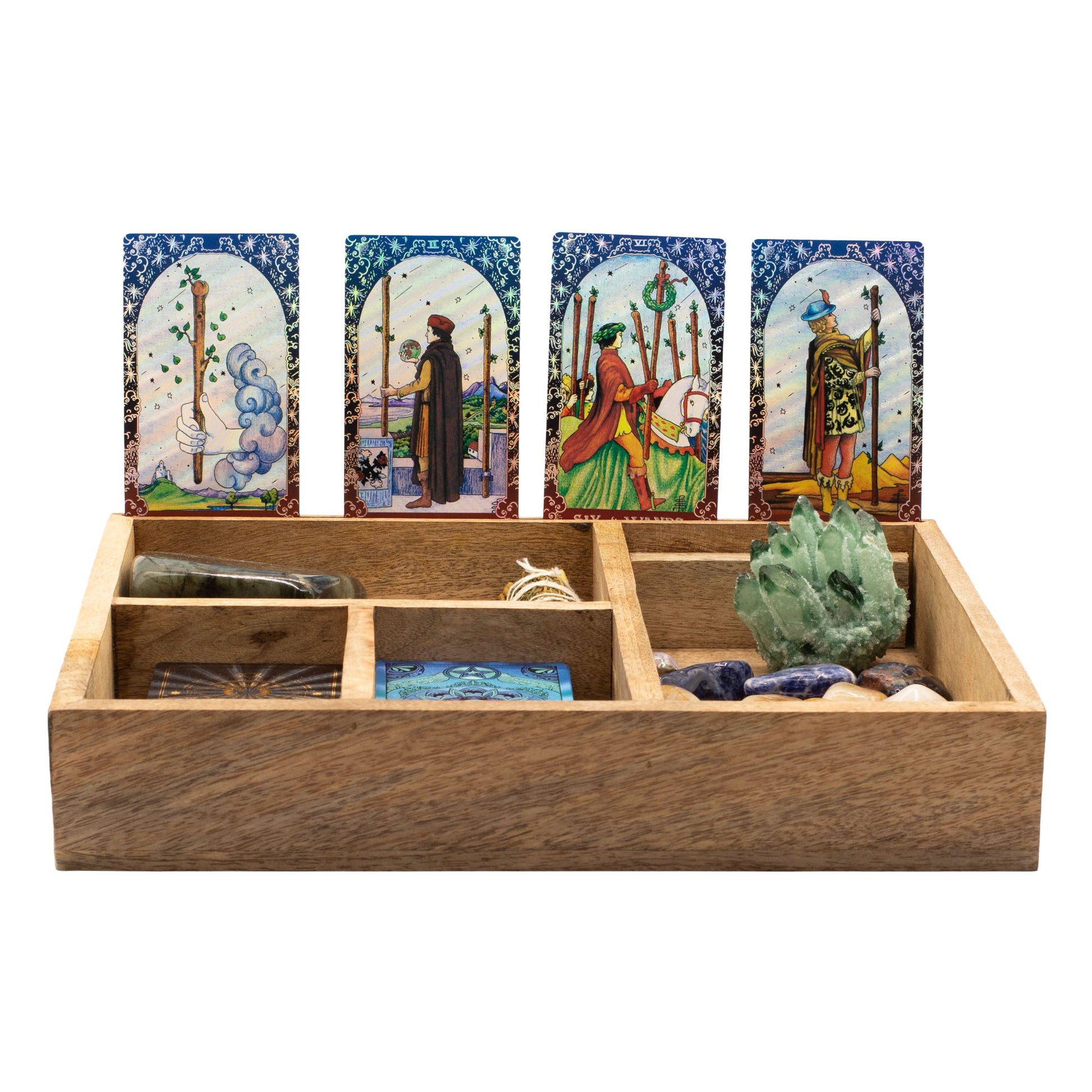 Eco-Friendly Mango Wooden Tarot Box with Card Holder - Four Section product packaging on clean background from Quintessential Holistic Health Ltd