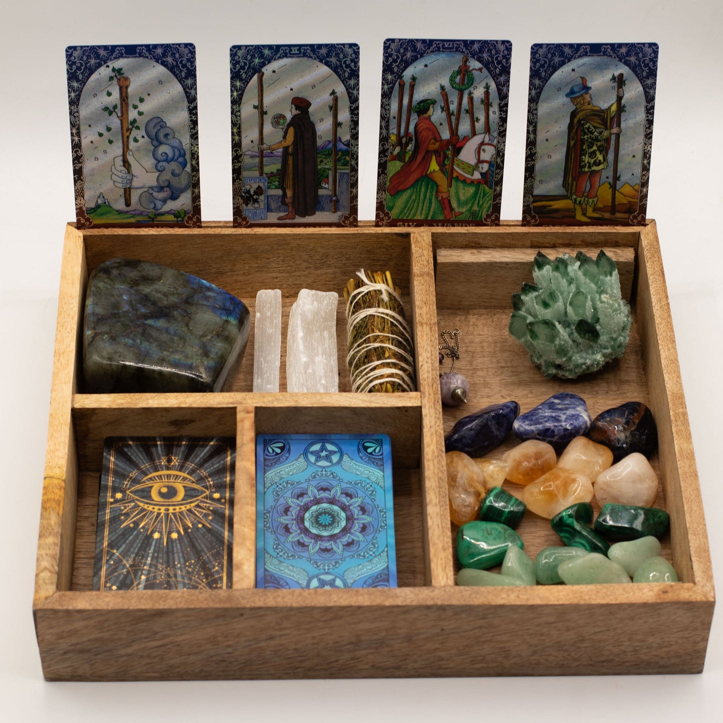 Eco-Friendly Mango Wooden Tarot Box with Card Holder - Four Section product packaging on clean background from Quintessential Holistic Health Ltd