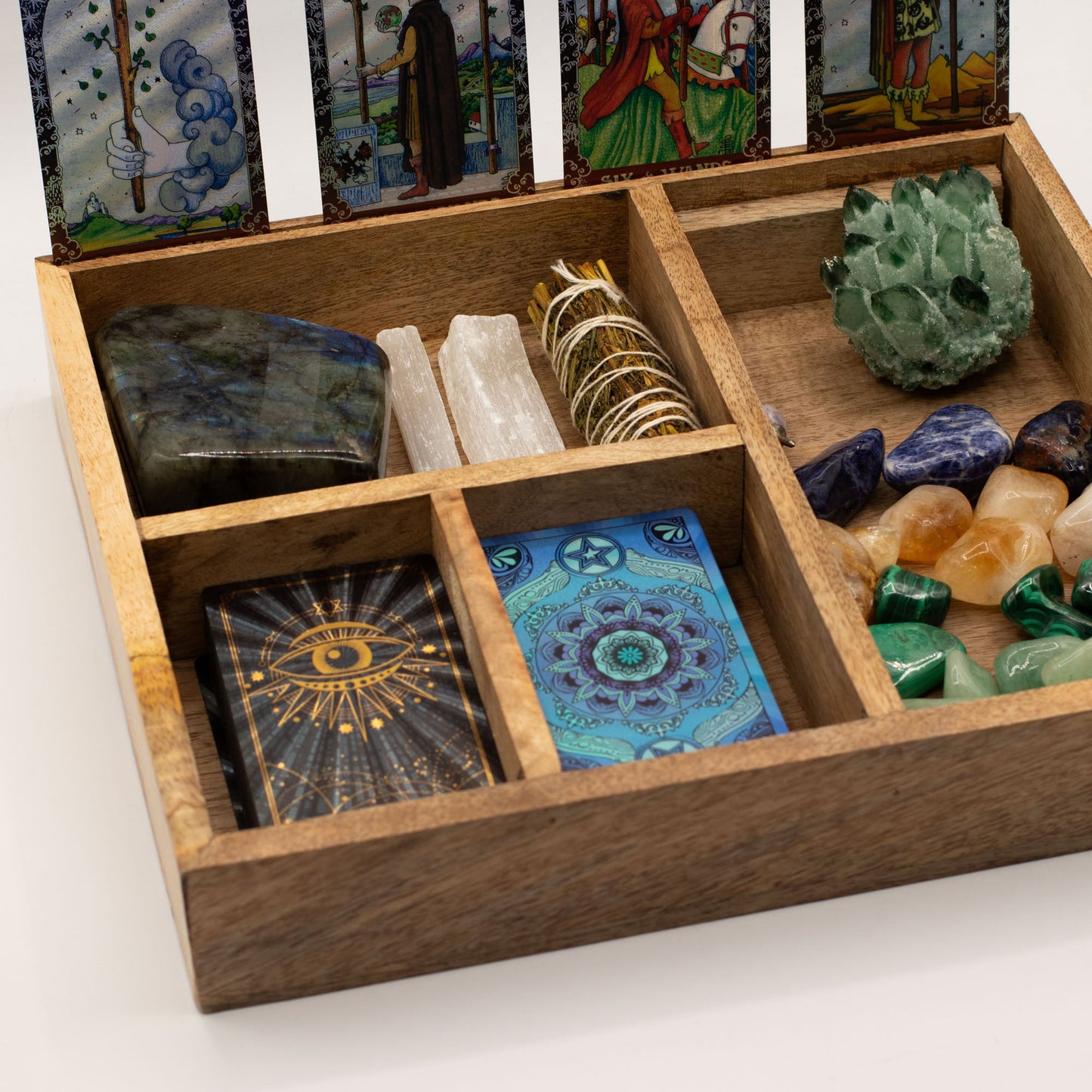 Eco-Friendly Mango Wooden Tarot Box with Card Holder - Four Section product packaging on clean background from Quintessential Holistic Health Ltd