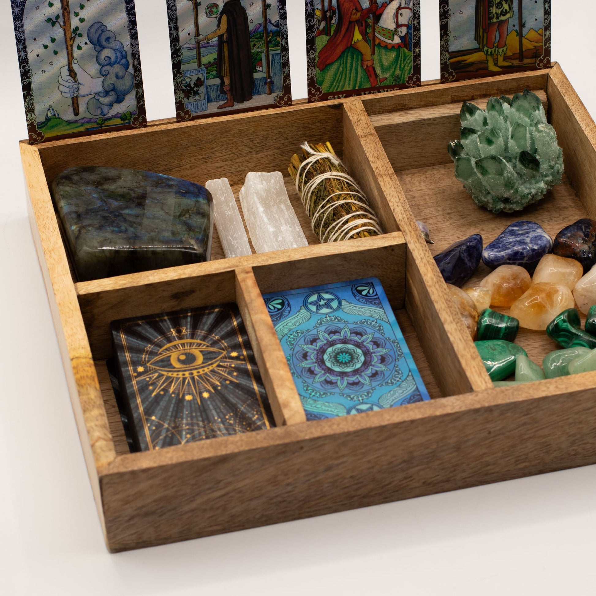 Eco-Friendly Mango Wooden Tarot Box with Card Holder - Four Section product packaging on clean background from Quintessential Holistic Health Ltd