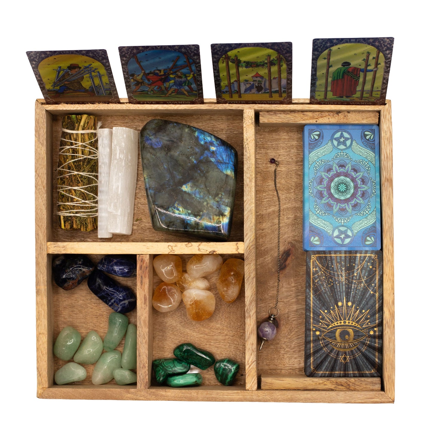Eco-Friendly Mango Wooden Tarot Box with Card Holder - Four Section product packaging on clean background from Quintessential Holistic Health Ltd