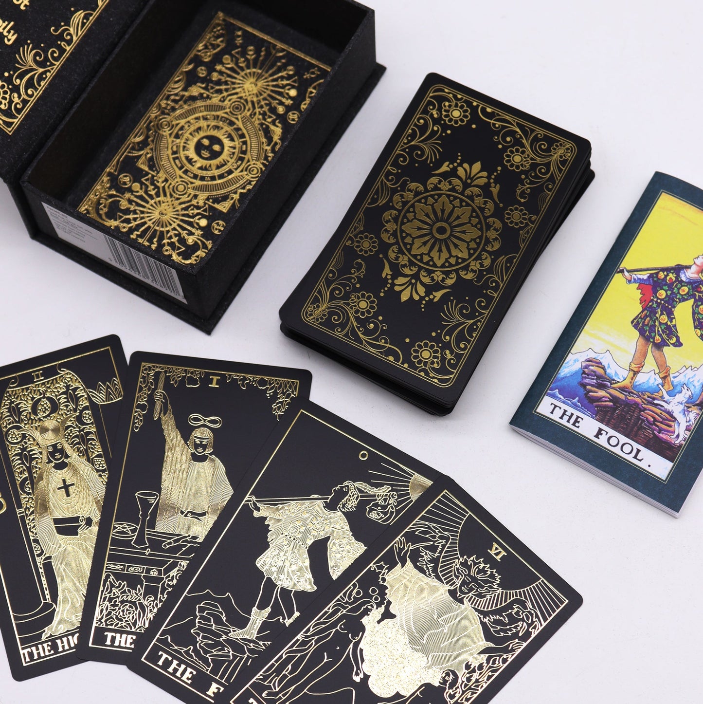 Gold Foil Tarot Cards with Booklet Gift Box Set product packaging on clean background from Quintessential Holistic Health Ltd