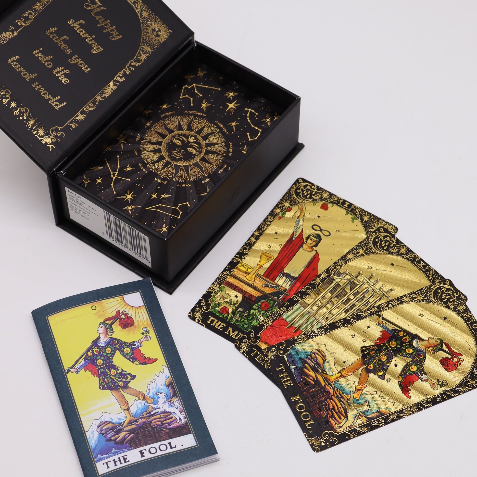 Let the Magic Begin Goddess Arcana Gold Foil Tarot Cards Gift Box Set product packaging on clean background from Quintessential Holistic Health Ltd
