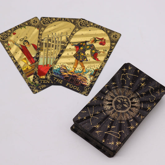 Let the Magic Begin Goddess Arcana Gold Foil Tarot Cards Gift Box Set product packaging on clean background from Quintessential Holistic Health Ltd