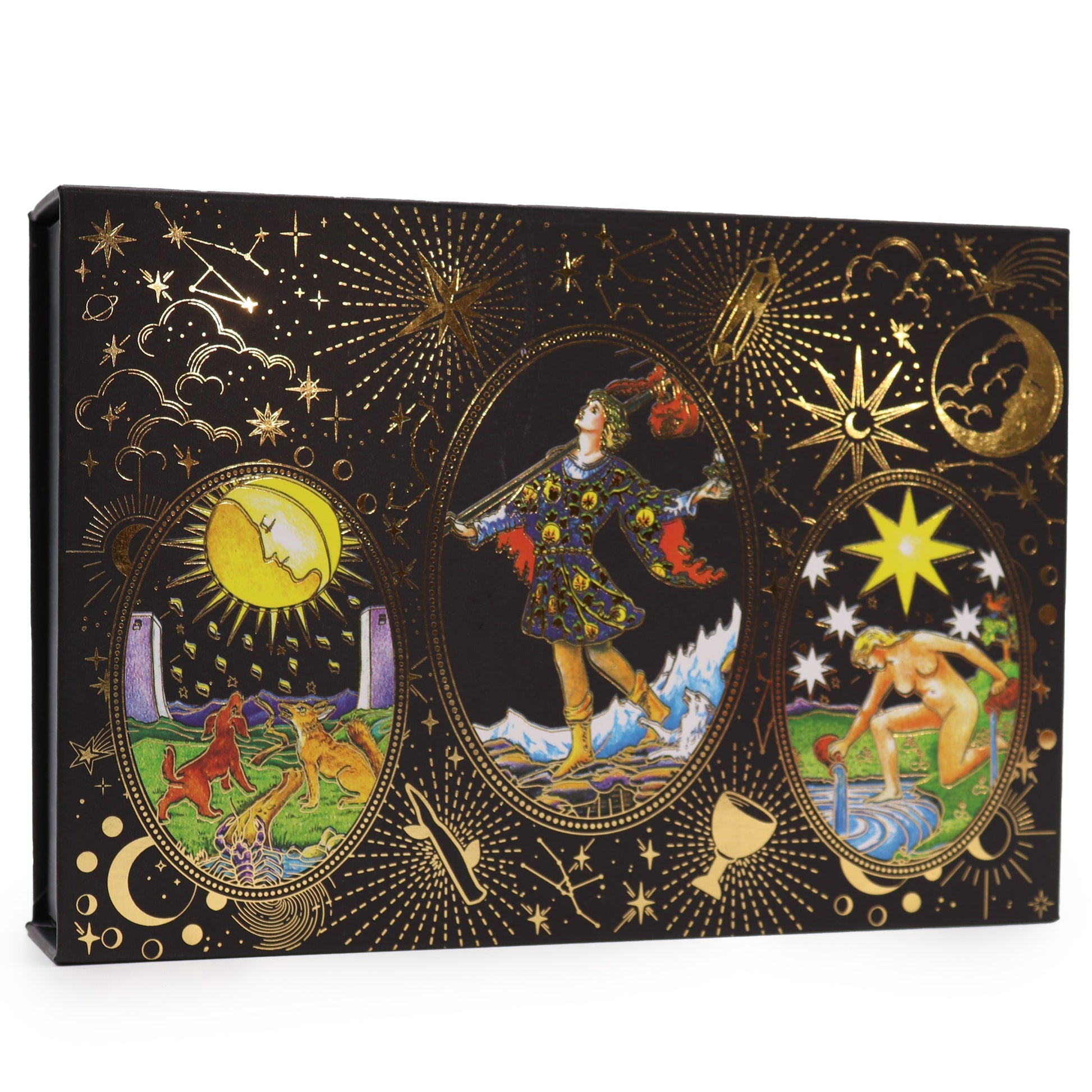 Let the Magic Begin Gold Foil Tarot Cards Luxury Gift Box Set product packaging on clean background from Quintessential Holistic Health Ltd