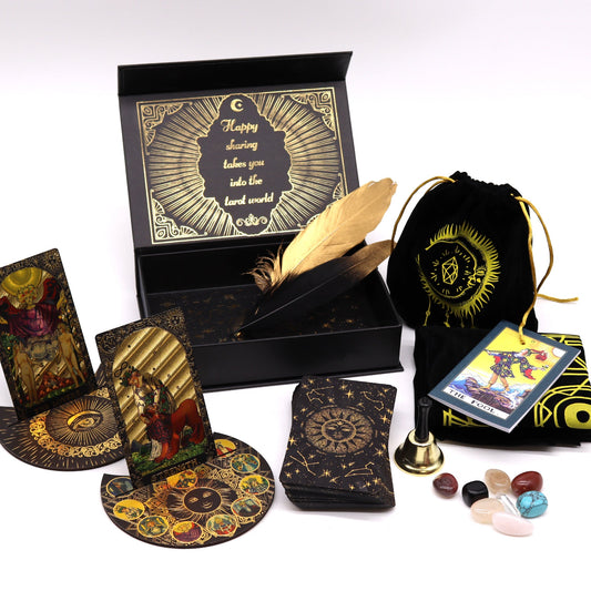 Let the Magic Begin Gold Foil Tarot Cards Luxury Gift Box Set product packaging on clean background from Quintessential Holistic Health Ltd