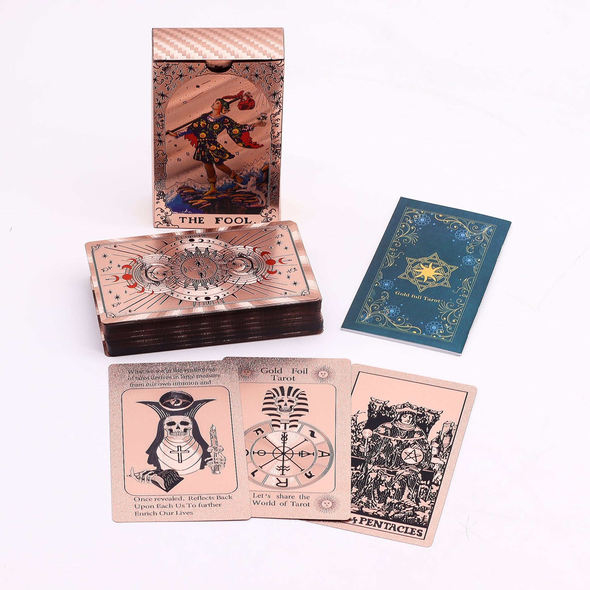Moon Phase Rose Gold Foil Tarot Cards with Booklet Set product packaging on clean background from Quintessential Holistic Health Ltd