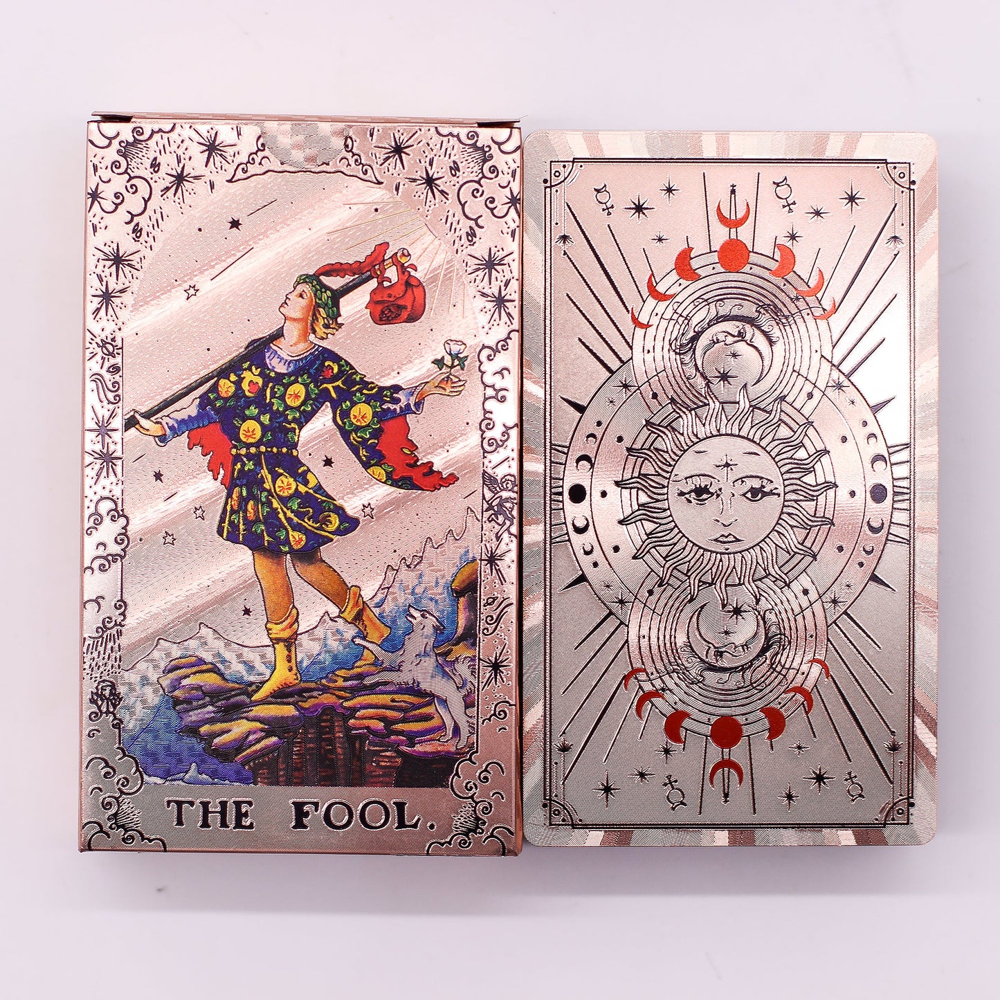 Moon Phase Rose Gold Foil Tarot Cards with Booklet Set product packaging on clean background from Quintessential Holistic Health Ltd