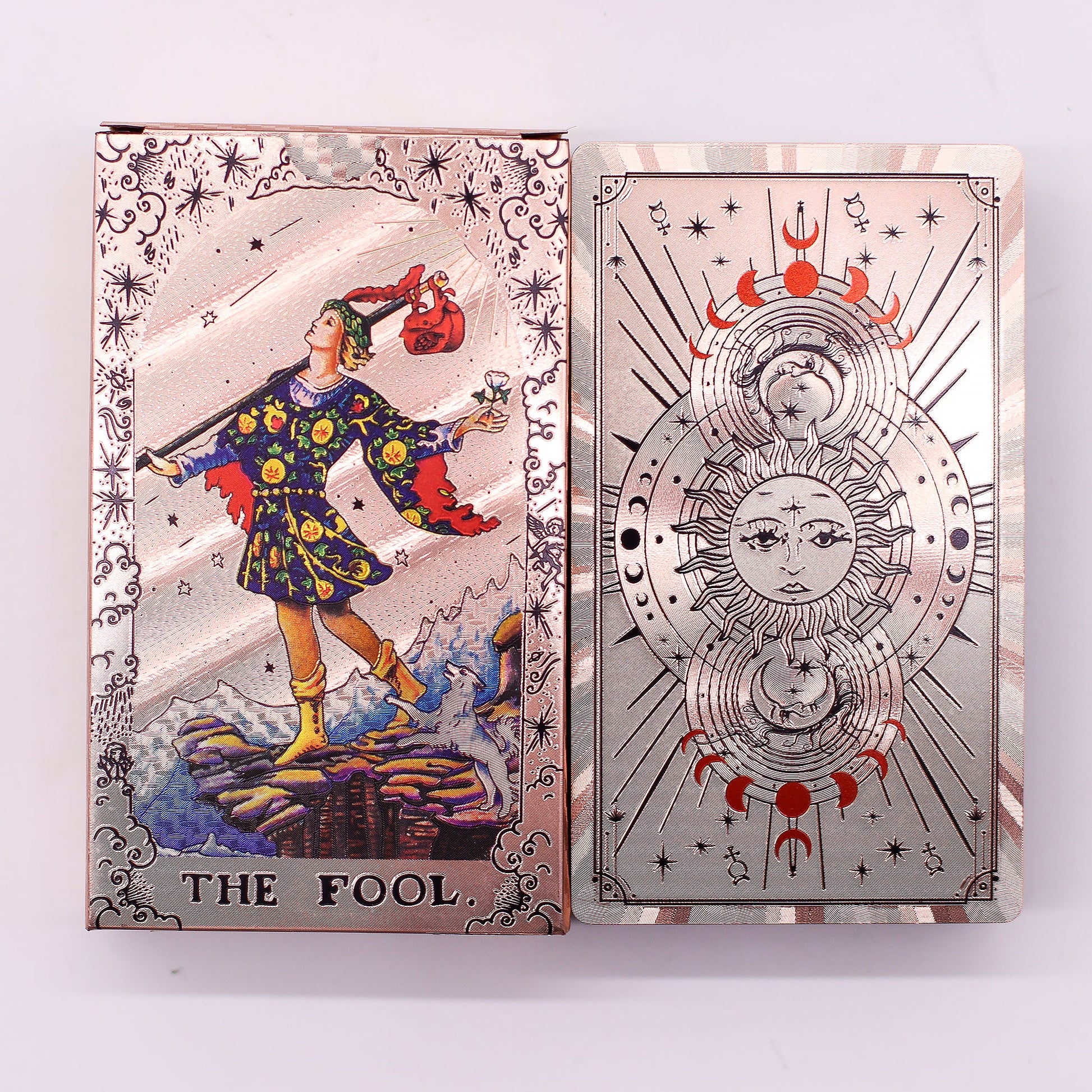 Moon Phase Rose Gold Foil Tarot Cards with Booklet Set product packaging on clean background from Quintessential Holistic Health Ltd
