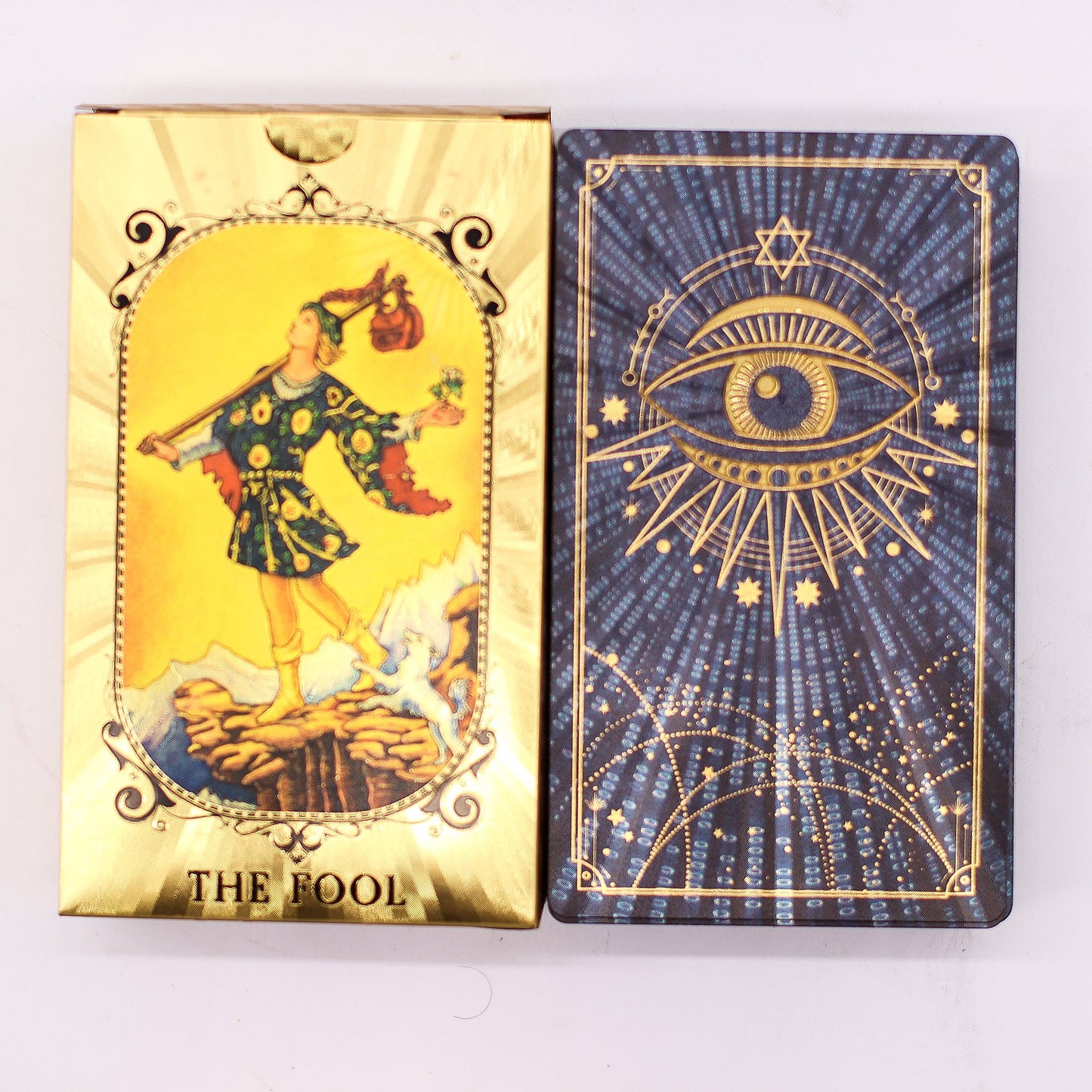 All Seeing Eye Blue and Gold Foil Tarot Cards with Booklet Set product packaging on clean background from Quintessential Holistic Health Ltd