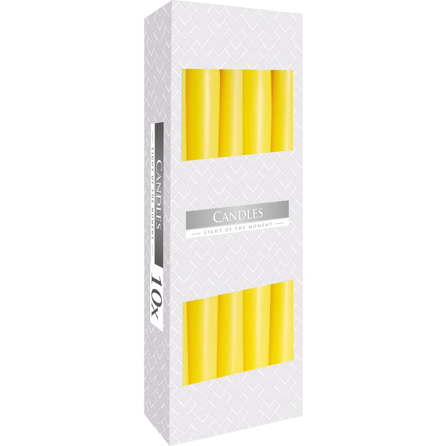 Pack of 10 Unscented Taper Candles - Yellow product packaging on clean background from Quintessential Holistic Health Ltd