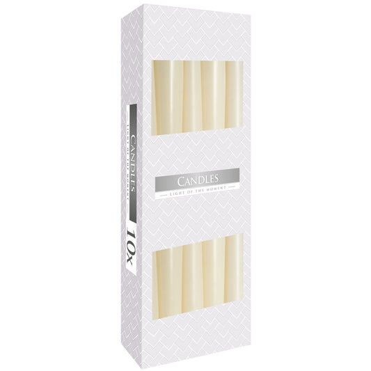 Pack of 10 Unscented Taper Candles - Ivory product packaging on clean background from Quintessential Holistic Health Ltd