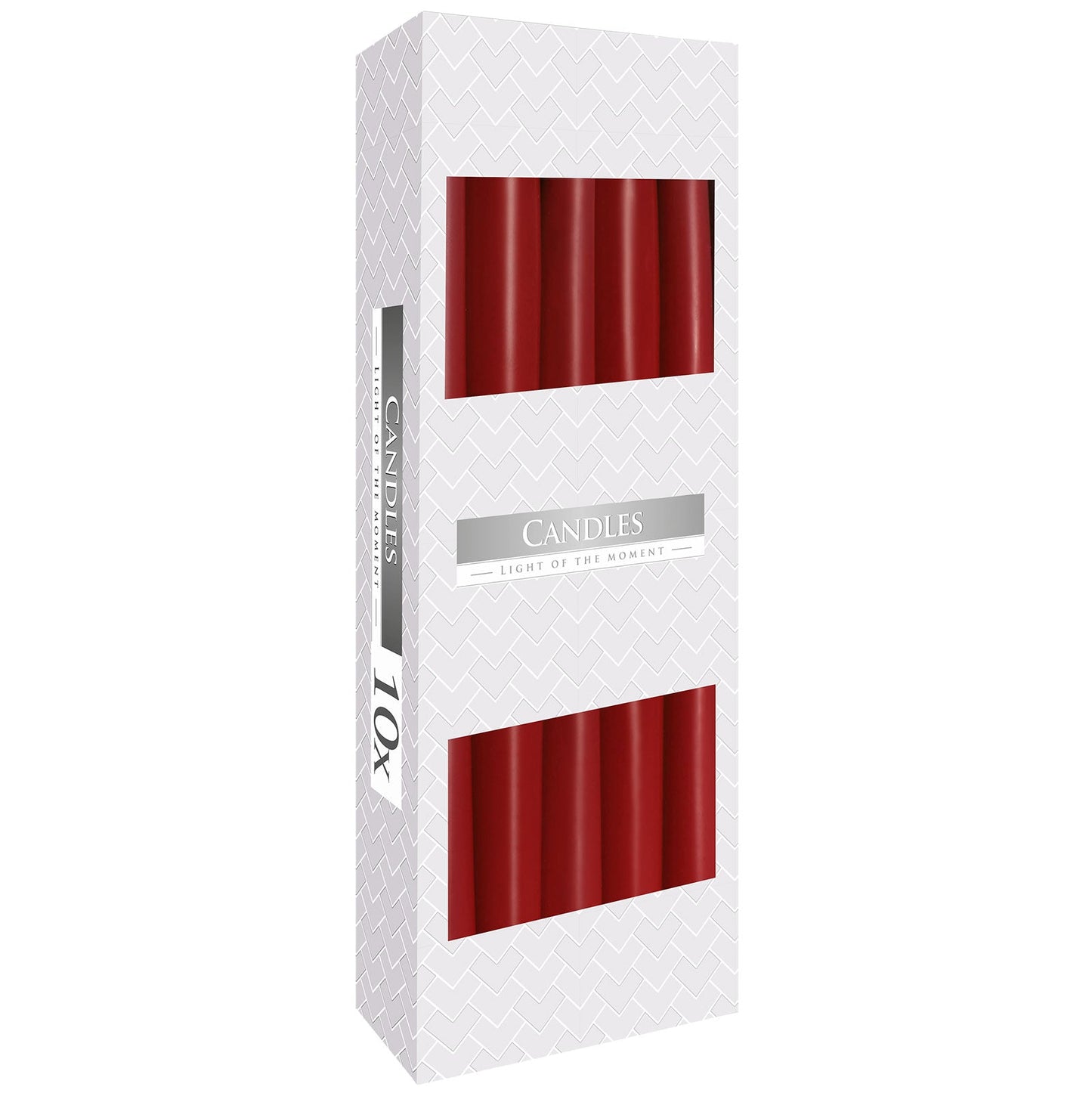 Pack of 10 Unscented Taper Candles - Burgundy product packaging on clean background from Quintessential Holistic Health Ltd