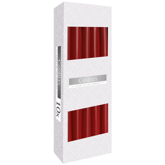 Pack of 10 Unscented Taper Candles - Burgundy product packaging on clean background from Quintessential Holistic Health Ltd