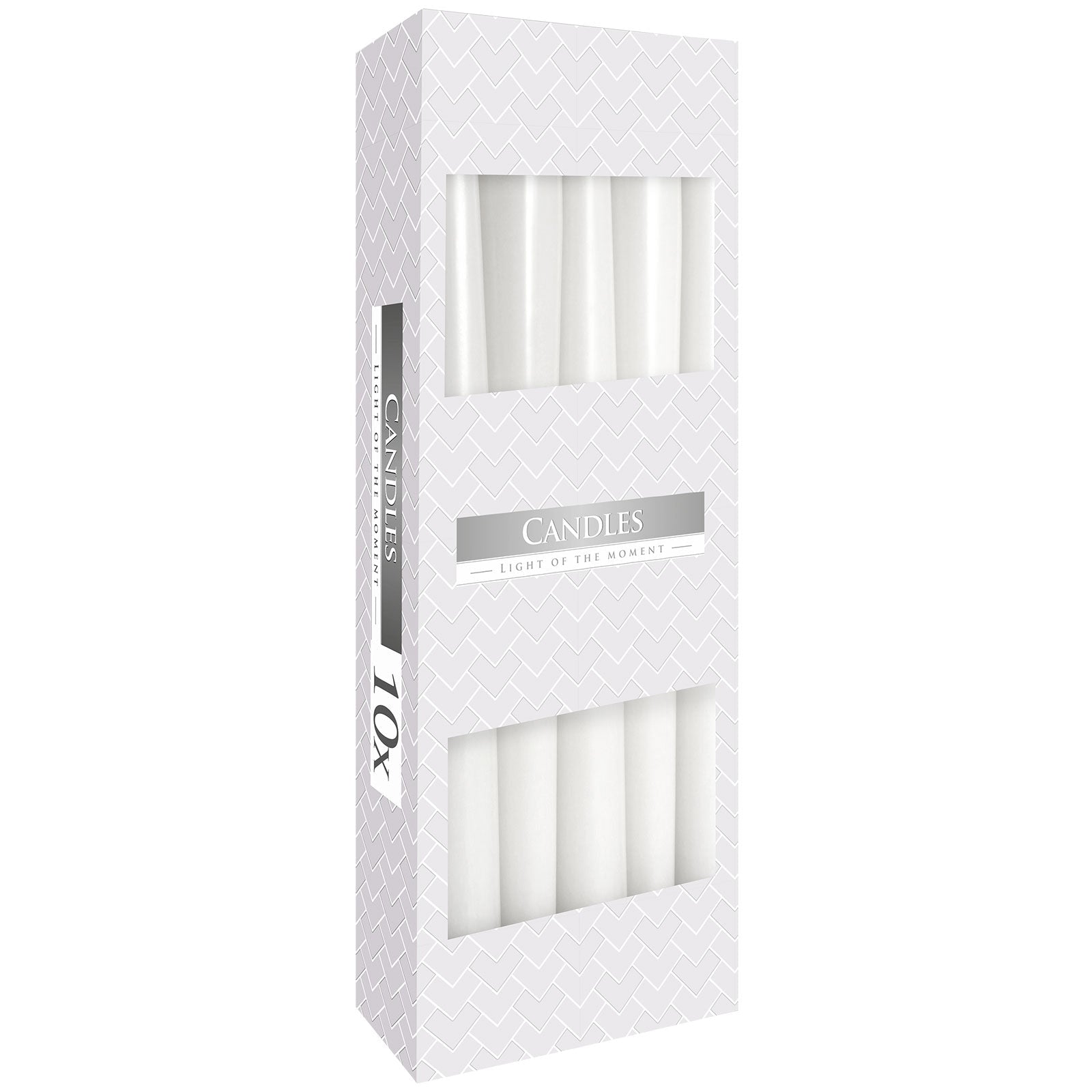 Pack of 10 Unscented Taper Candles - White product packaging on clean background from Quintessential Holistic Health Ltd