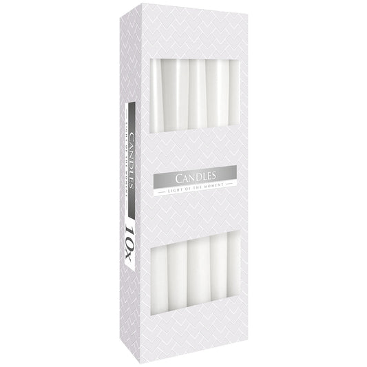 Pack of 10 Unscented Taper Candles - White product packaging on clean background from Quintessential Holistic Health Ltd