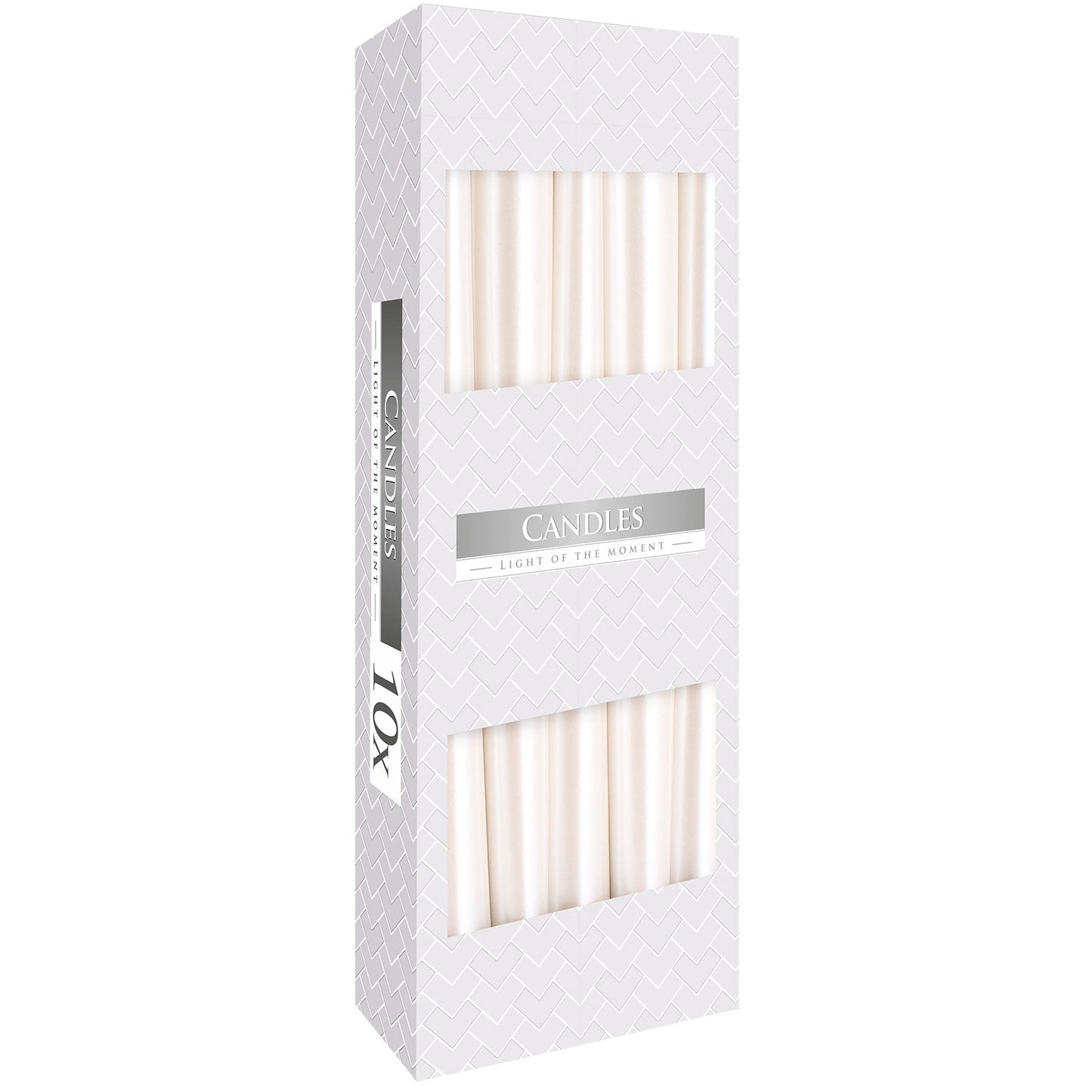 Pack of 10 Unscented Taper Candles - Pearl product packaging on clean background from Quintessential Holistic Health Ltd