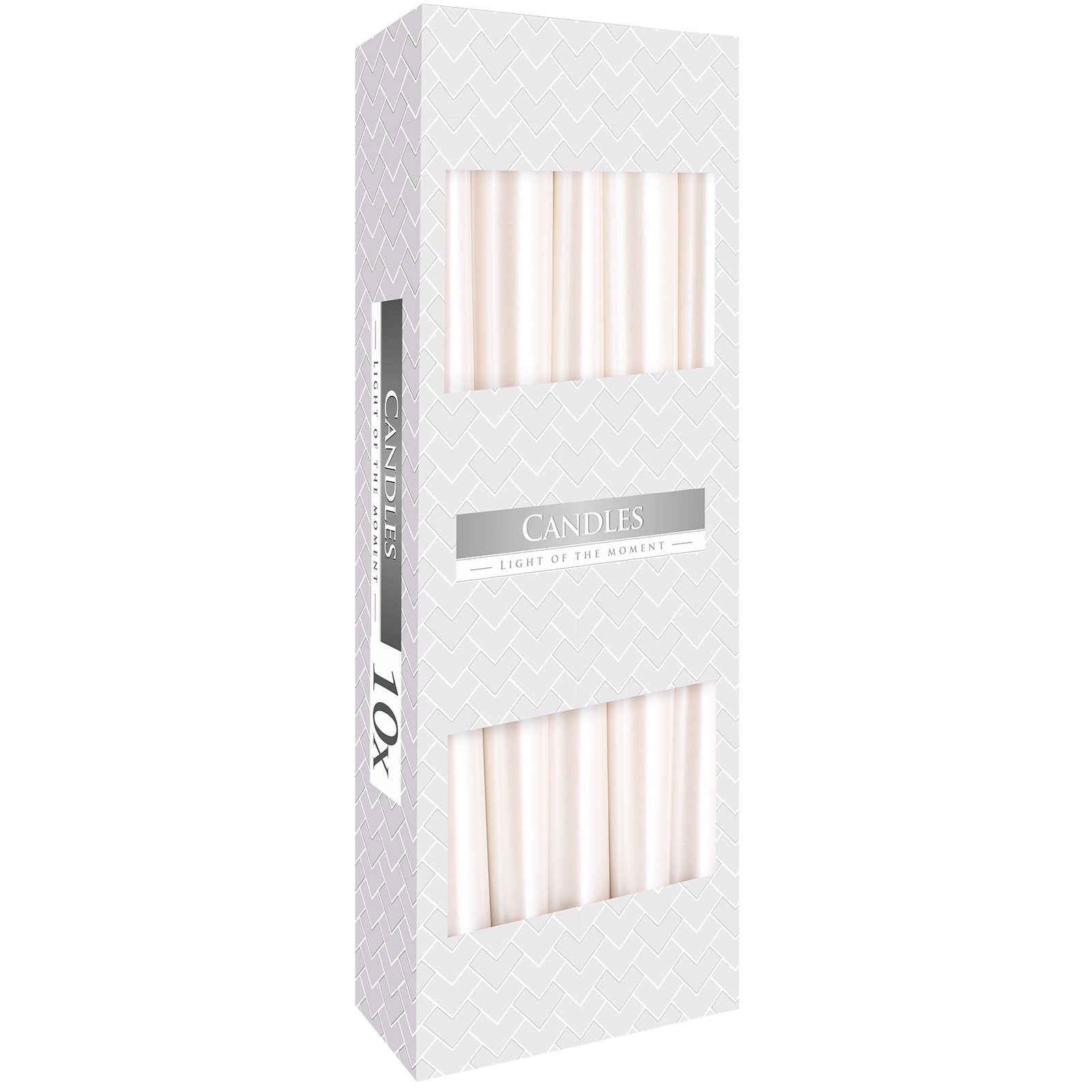Pack of 10 Unscented Taper Candles - Pearl product packaging on clean background from Quintessential Holistic Health Ltd