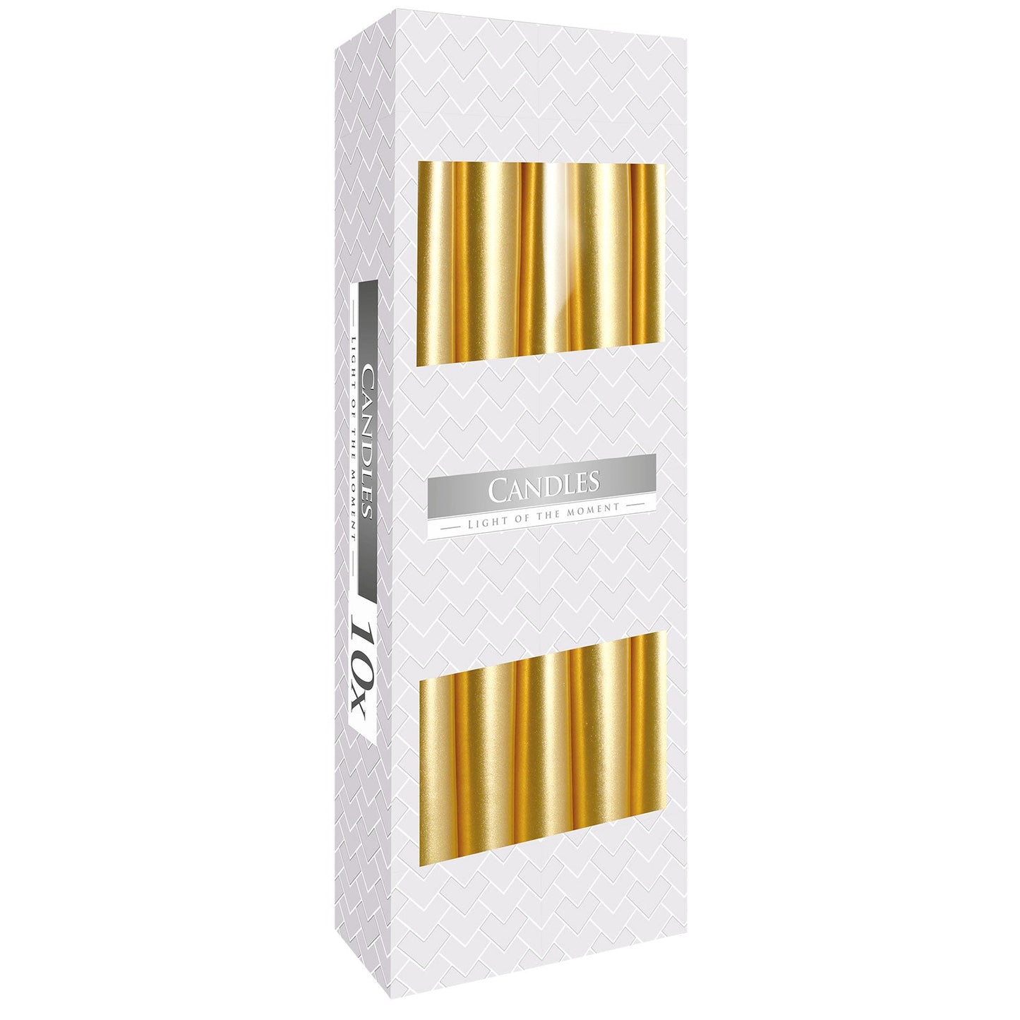 Pack of 10 Unscented Taper Candles - Gold product packaging on clean background from Quintessential Holistic Health Ltd