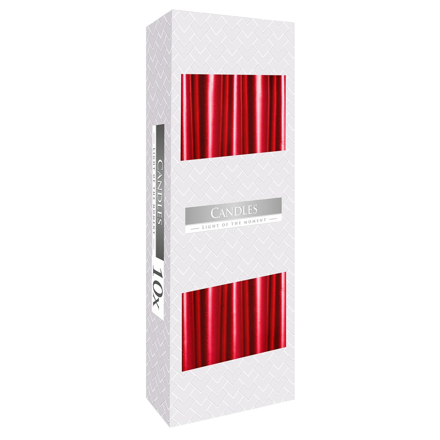 Pack of 10 Unscented Taper Candles - Metallic Red product packaging on clean background from Quintessential Holistic Health Ltd