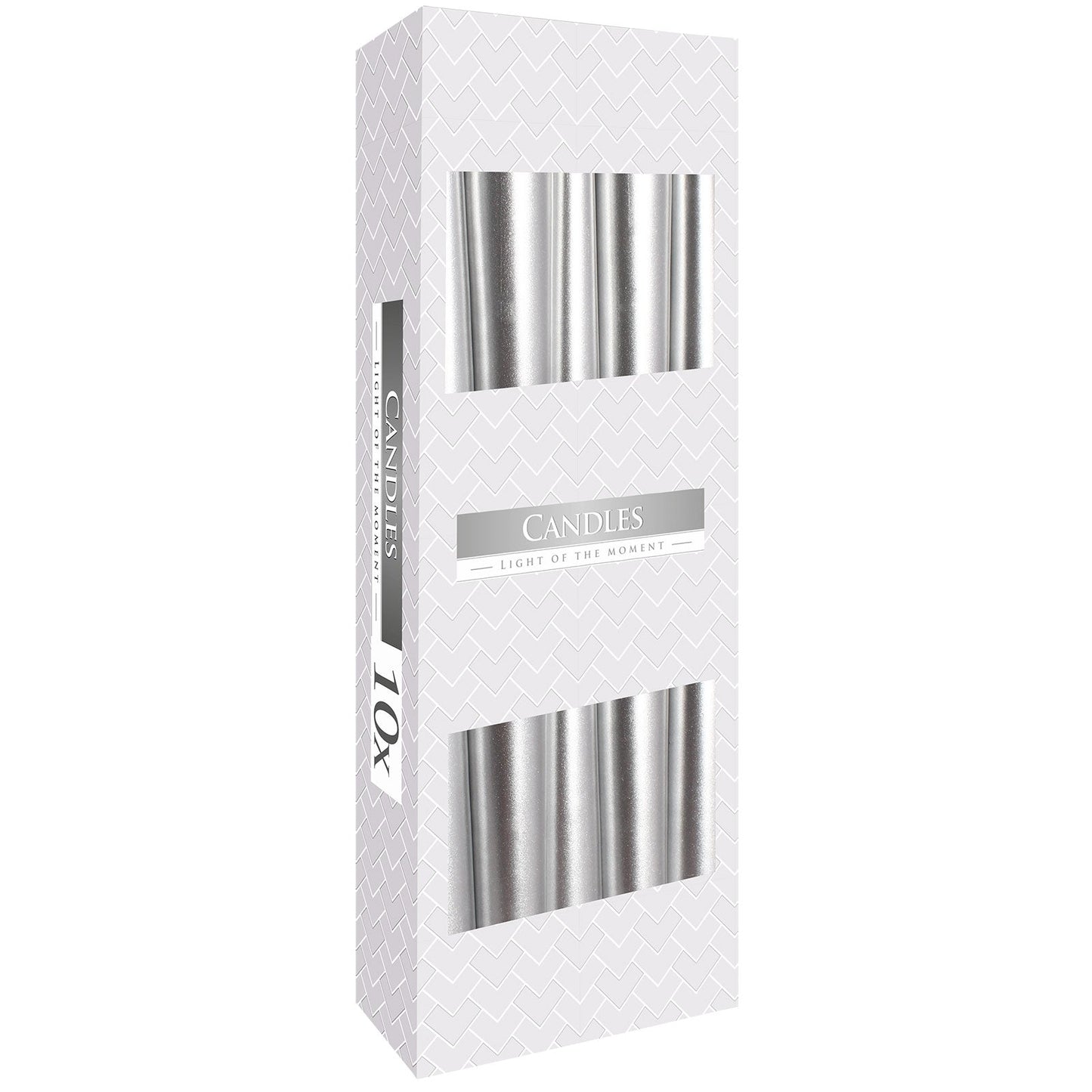 Pack of 10 Unscented Taper Candles - Metallic Silver product packaging on clean background from Quintessential Holistic Health Ltd