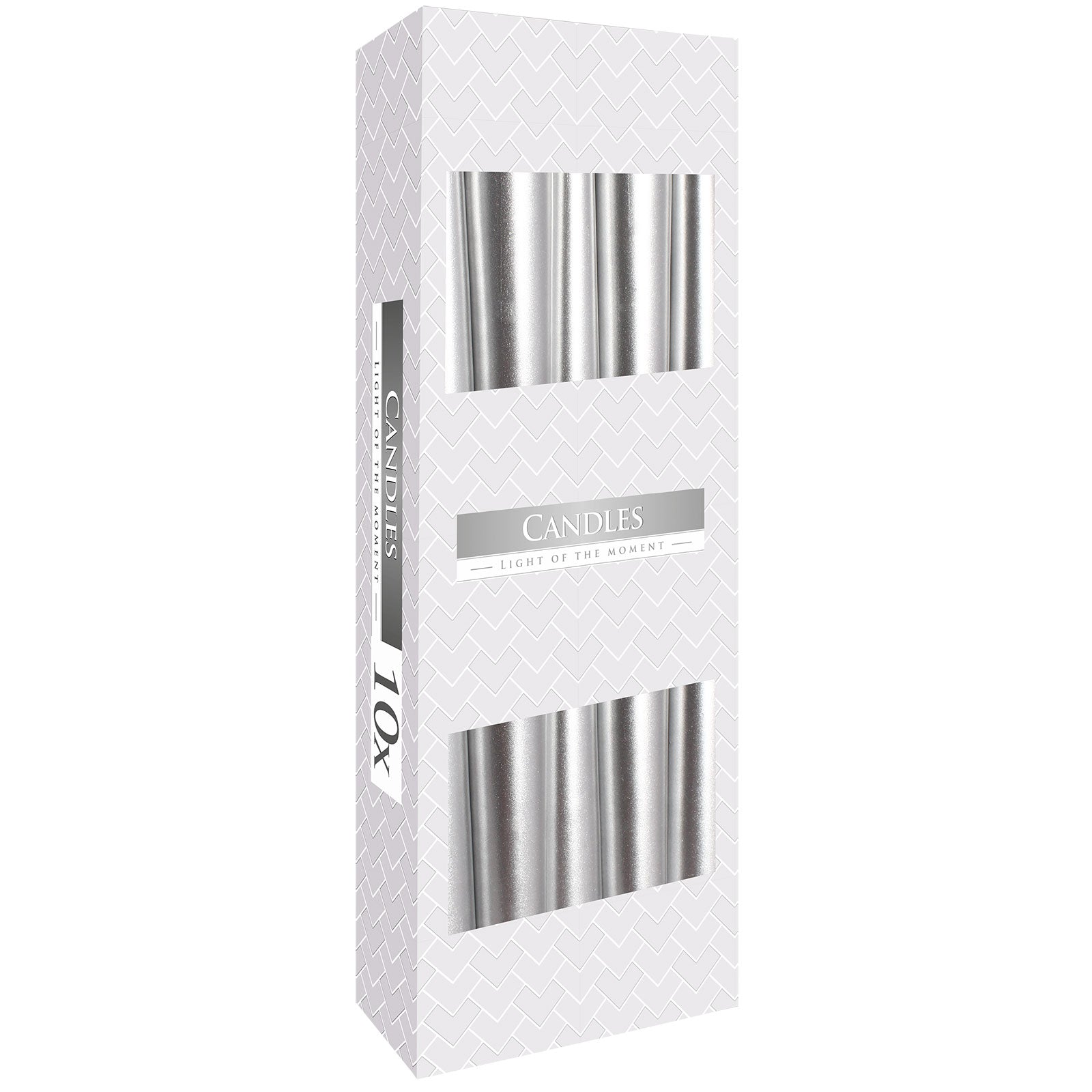 Pack of 10 Unscented Taper Candles - Metallic Silver product packaging on clean background from Quintessential Holistic Health Ltd