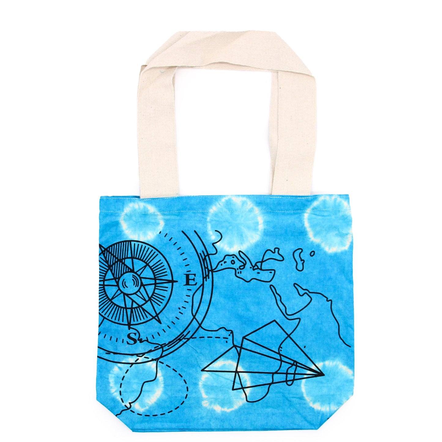 Tie-Dyed Cotton Tote Bag - Compass - Blue, with black compass, map and geometric paper-plane outlines by Quintessential Holistic Health Ltd