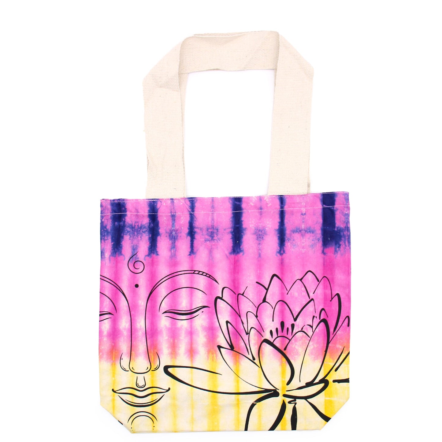 Tie-Dyed Cotton Tote Bag - Buddha and Lotus Flower / Multicolour product packaging on clean background from Quintessential Holistic Health Ltd