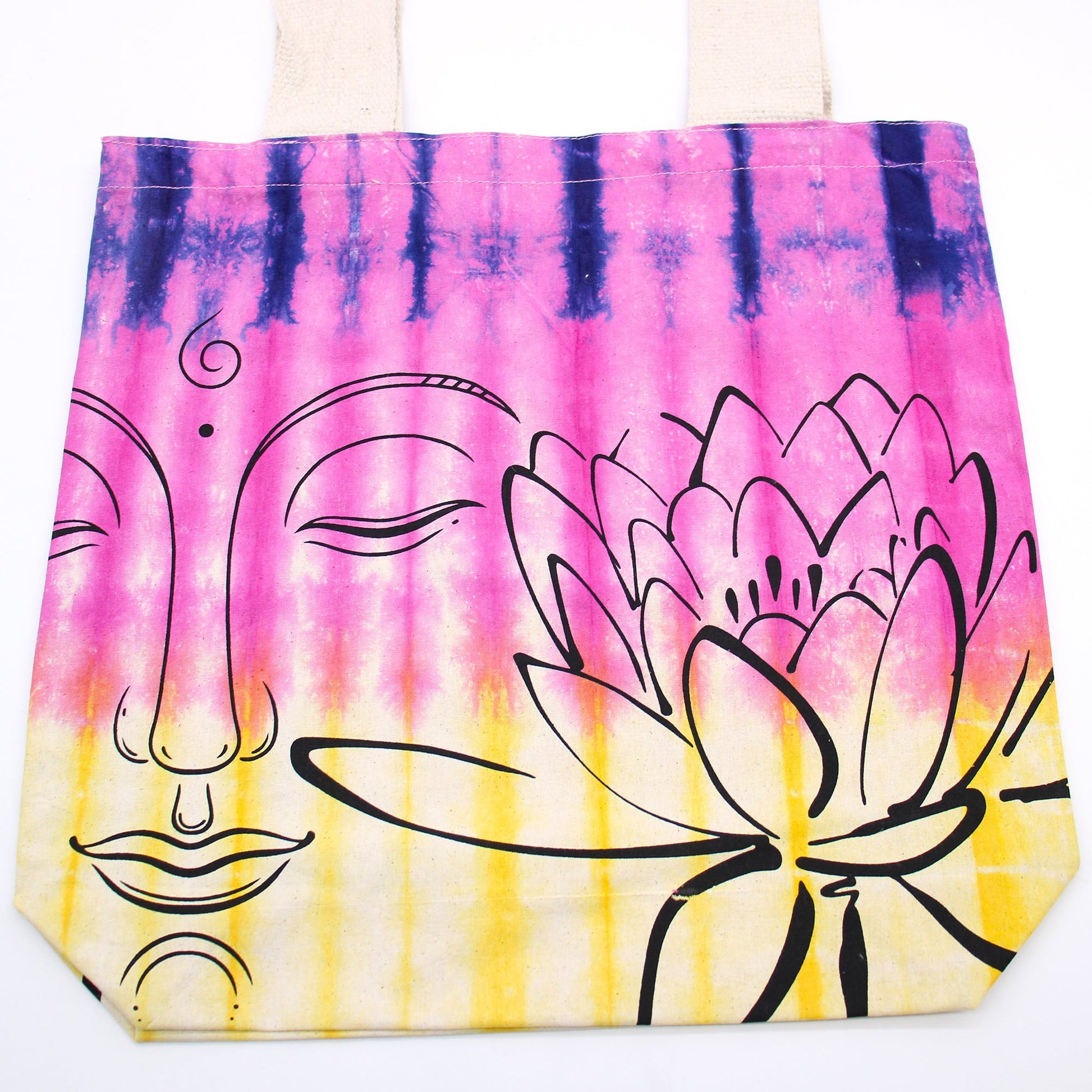 Tie-Dyed Cotton Tote Bag - Buddha and Lotus Flower / Multicolour product packaging on clean background from Quintessential Holistic Health Ltd