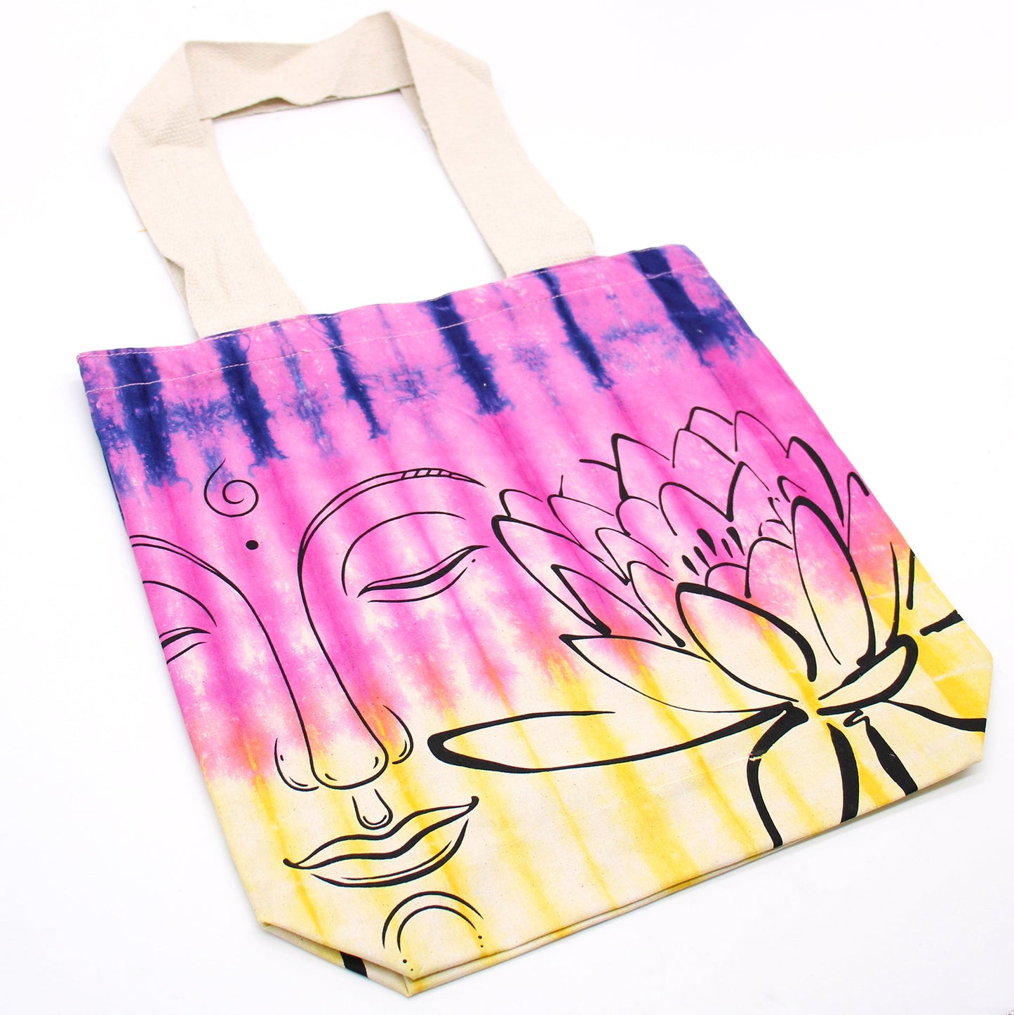 Tie-Dyed Cotton Tote Bag - Buddha and Lotus Flower / Multicolour product packaging on clean background from Quintessential Holistic Health Ltd
