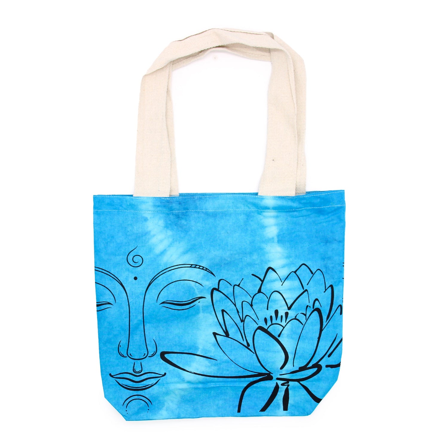 Tie-Dyed Cotton Tote Bag - Buddha and Lotus Flower - Blue with black outlined Buddha face and lotus artwork on bright blue tie-dye by Quintessential Holistic Health Ltd