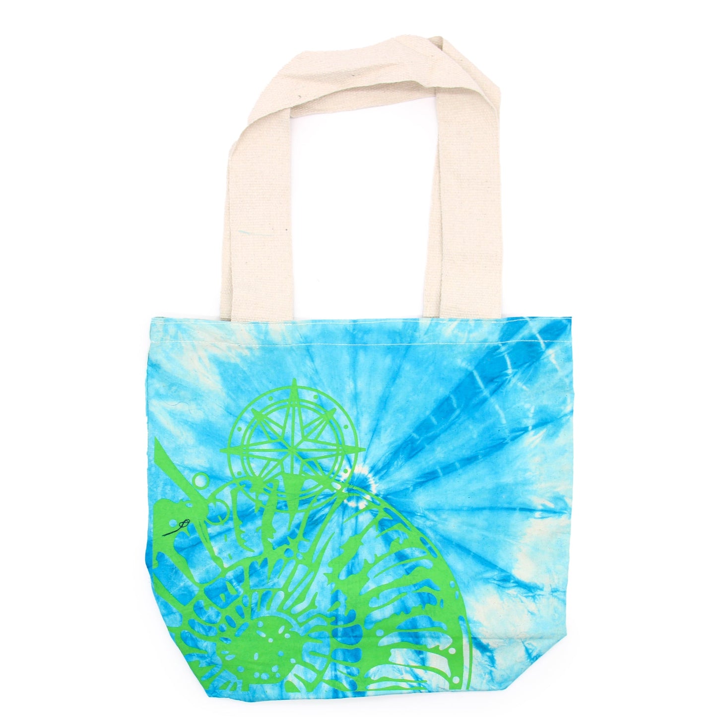 Tie-Dyed Cotton Tote Bag - Seashell - Blue and Green with radiating blue tie-dye and a large green spiral shell design by Quintessential Holistic Health Ltd