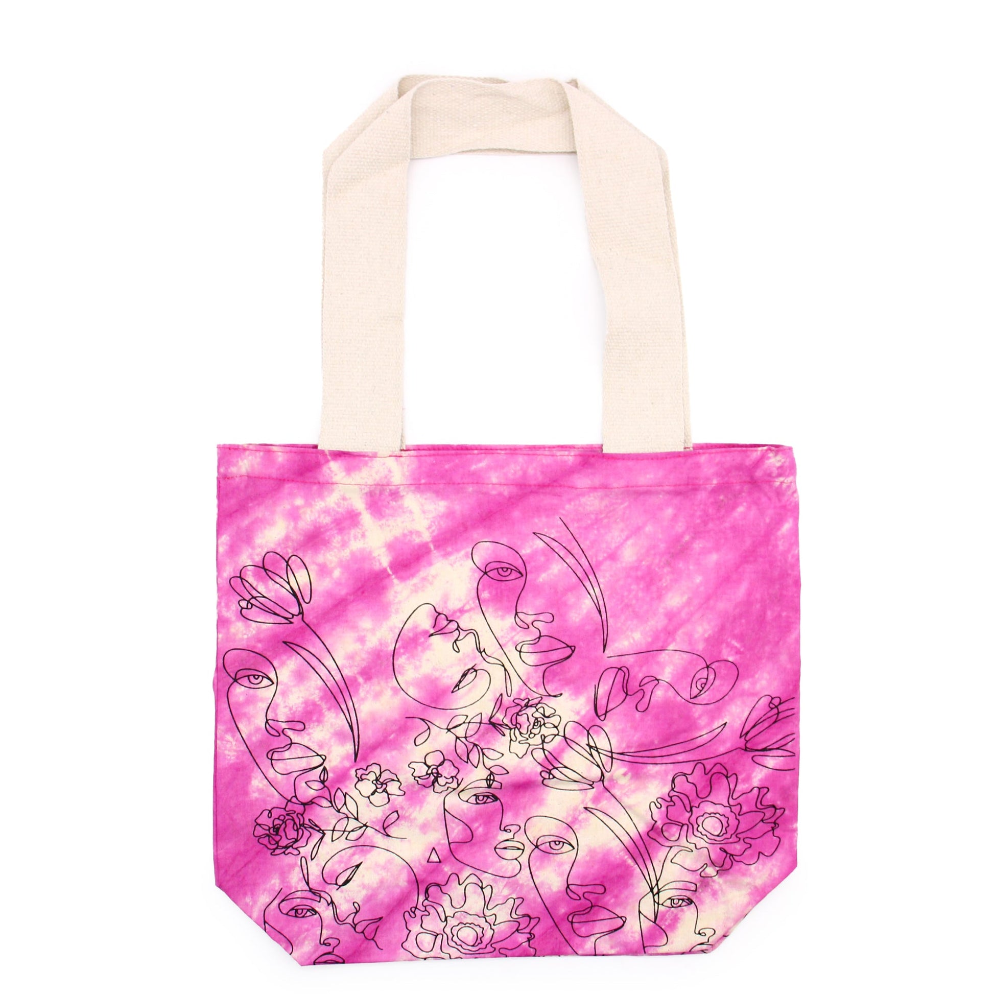 Tie-Dyed Cotton Tote Bag - Pretty Face - Pink with diagonal white tie-dye bands and black outlined faces and flowers by Quintessential Holistic Health Ltd