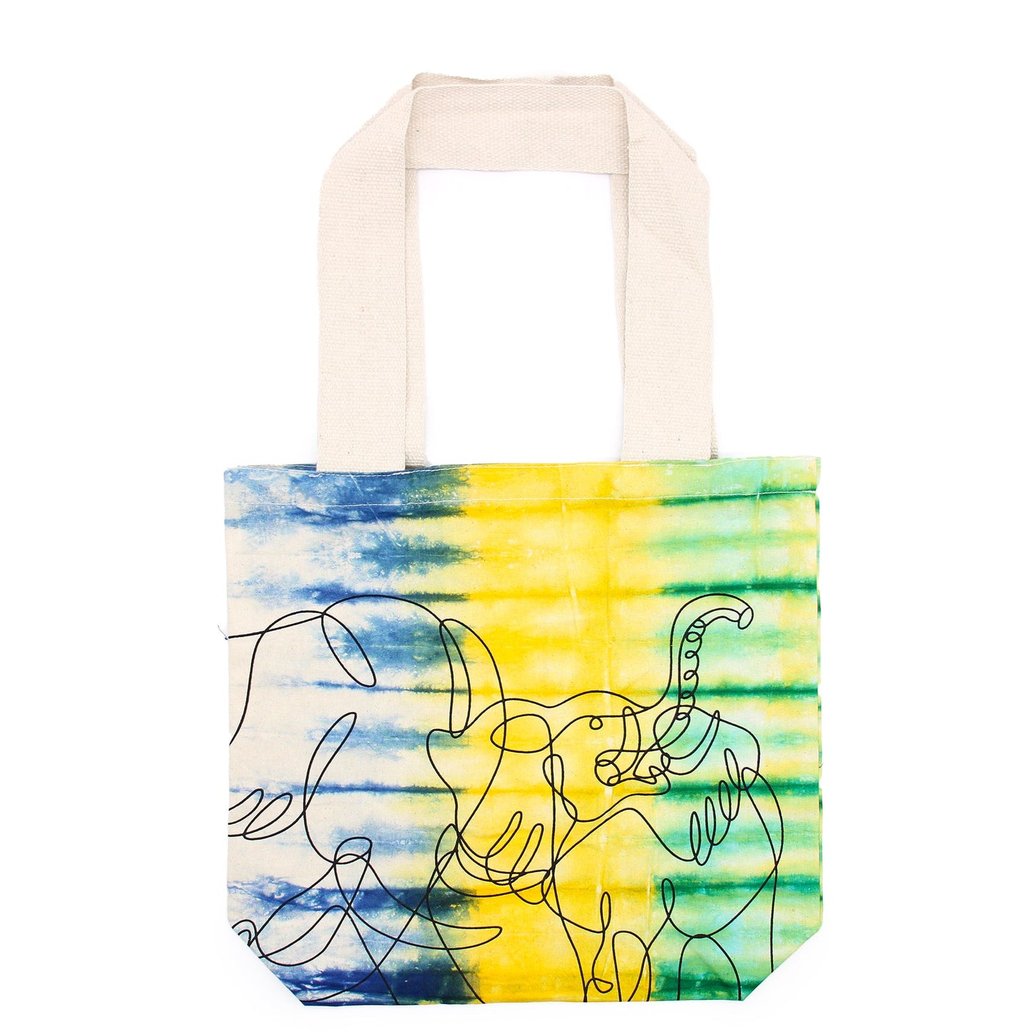 Tie-Dyed Cotton Tote Bag - Elephants - Multicolour with blue, yellow and green stripes and overlapping black elephant outlines by Quintessential Holistic Health Ltd