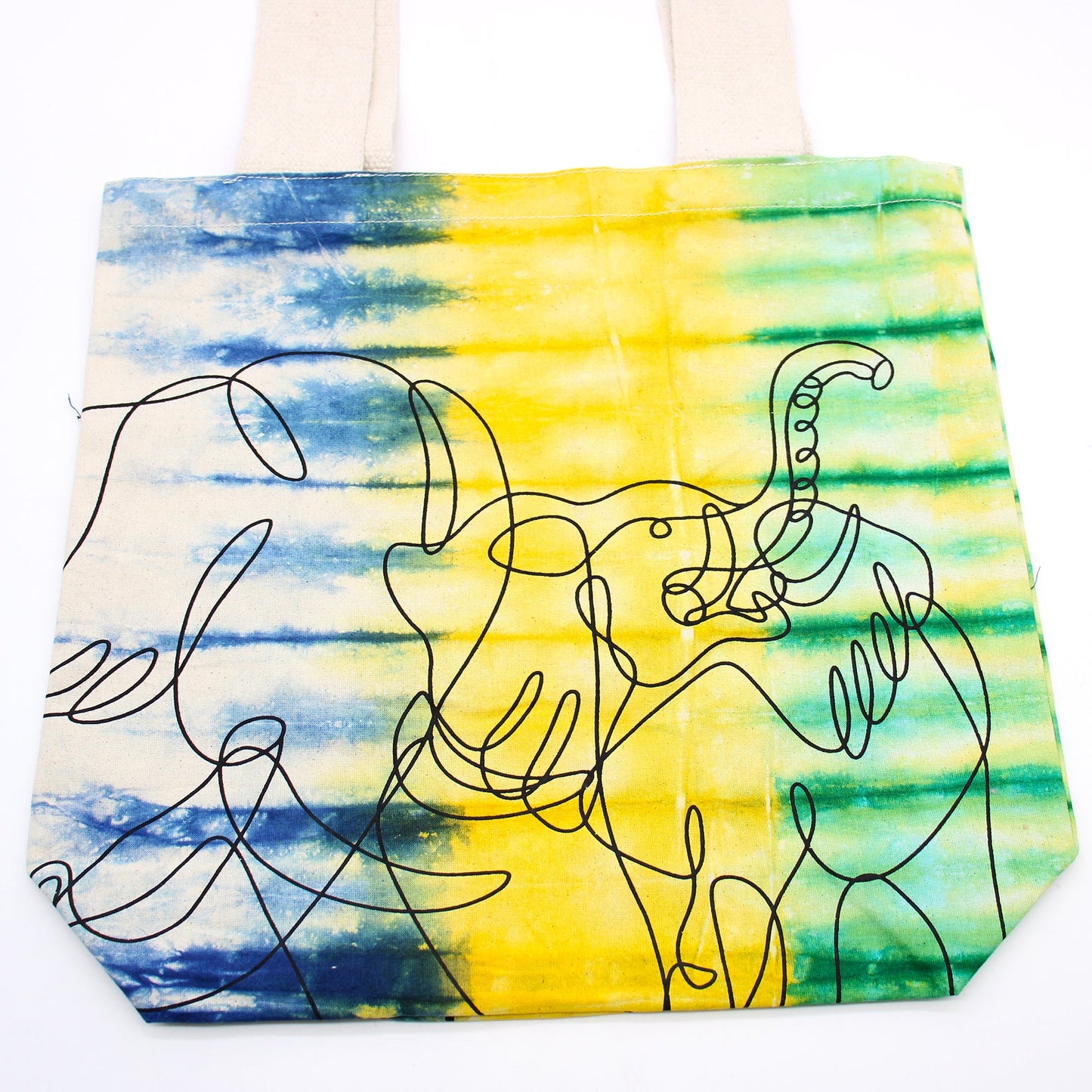 Tie-Dyed Cotton Tote Bag - Elephants - Multicolour with overlapping elephant outlines across blue, yellow and green stripes by Quintessential Holistic Health Ltd