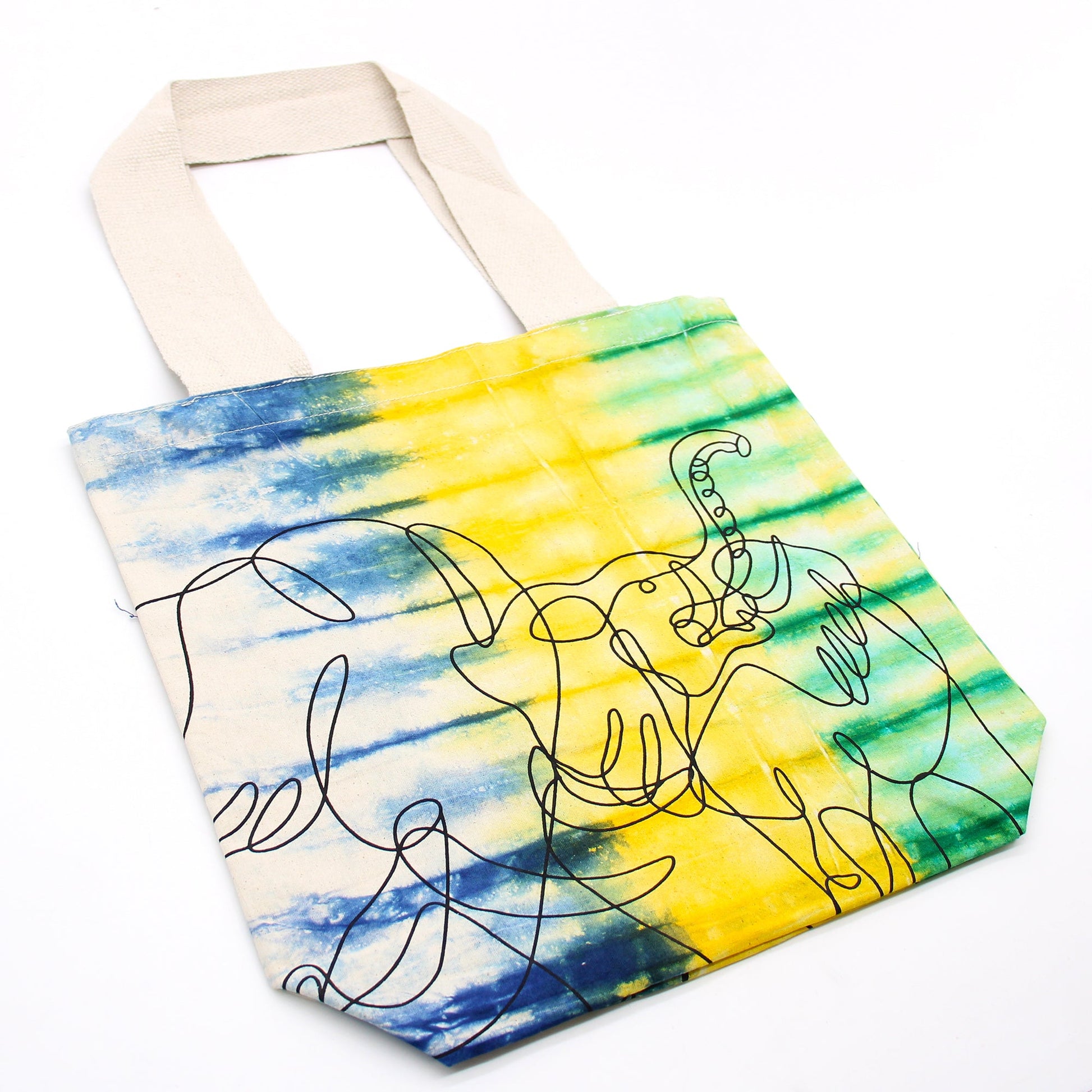 Tie-Dyed Cotton Tote Bag - Elephants - Multicolour with outlined elephants across diagonal blue, yellow and green colouring by Quintessential Holistic Health Ltd