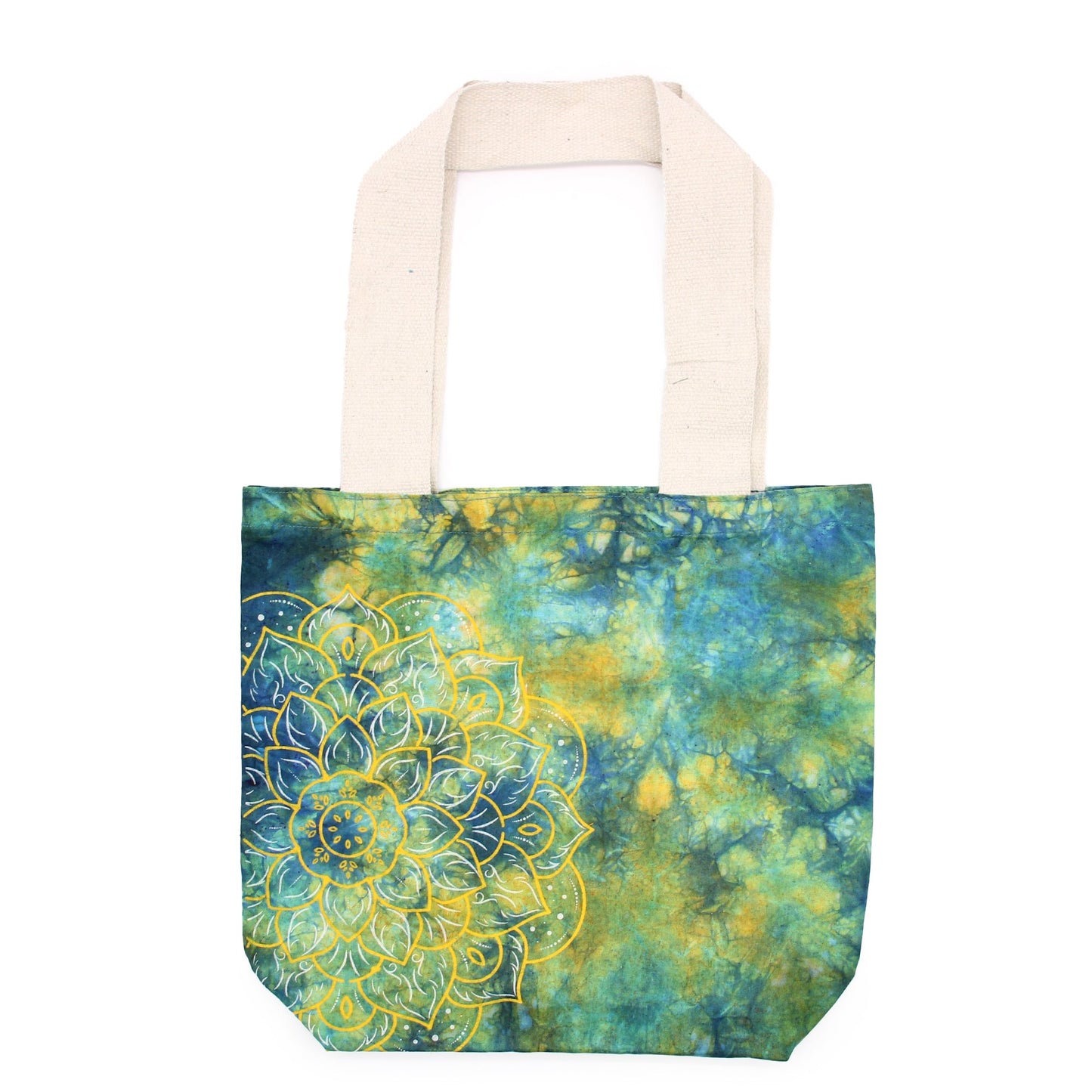 Tie-Dyed Cotton Tote Bag - Mandala - Green and Blue with mottled colouring and a large yellow floral mandala at the lower left by Quintessential Holistic Health Ltd